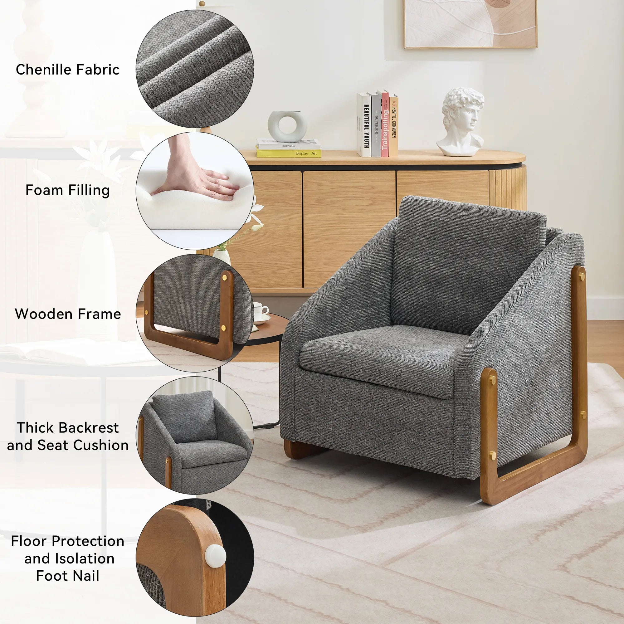 Modern Chenille Fabric Accent Chair with Wooden Side Frame