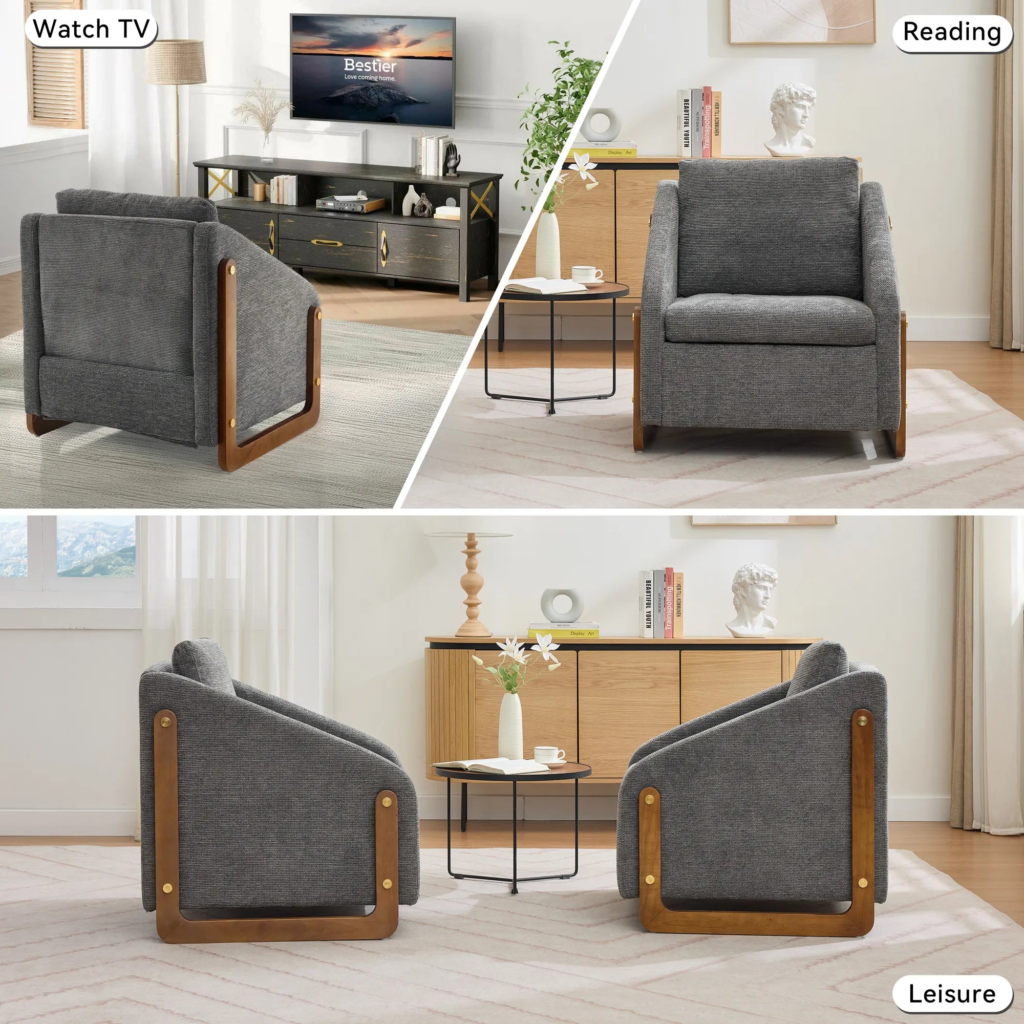 Modern Chenille Fabric Accent Chair with Wooden Side Frame
