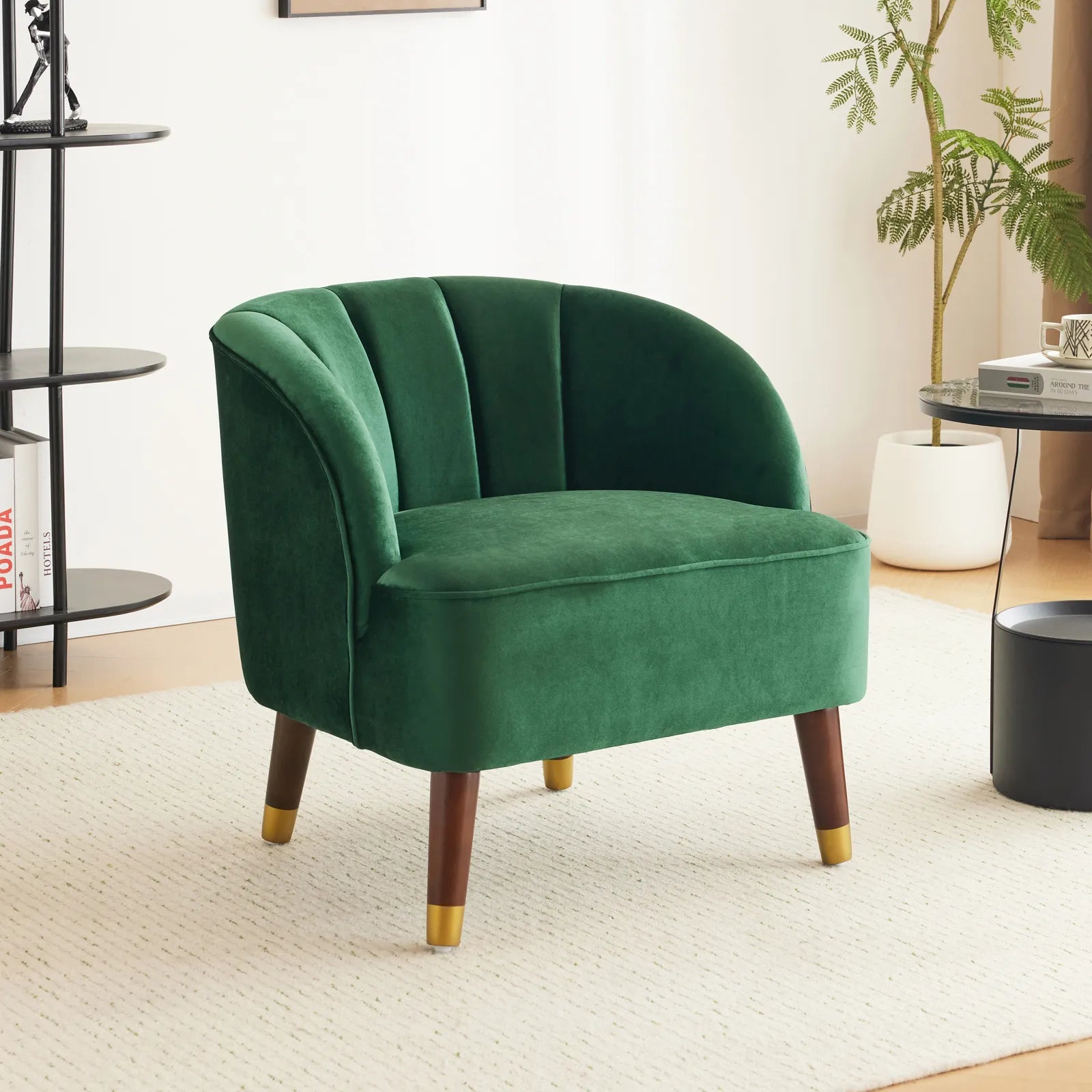Velvet Barrel Accent Chair With Wooden Legs