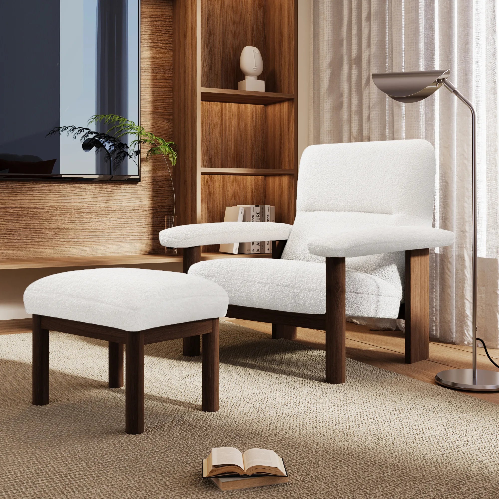 Modern Comfy Fabric Lounge Accent Chair with Footrest Ottoman