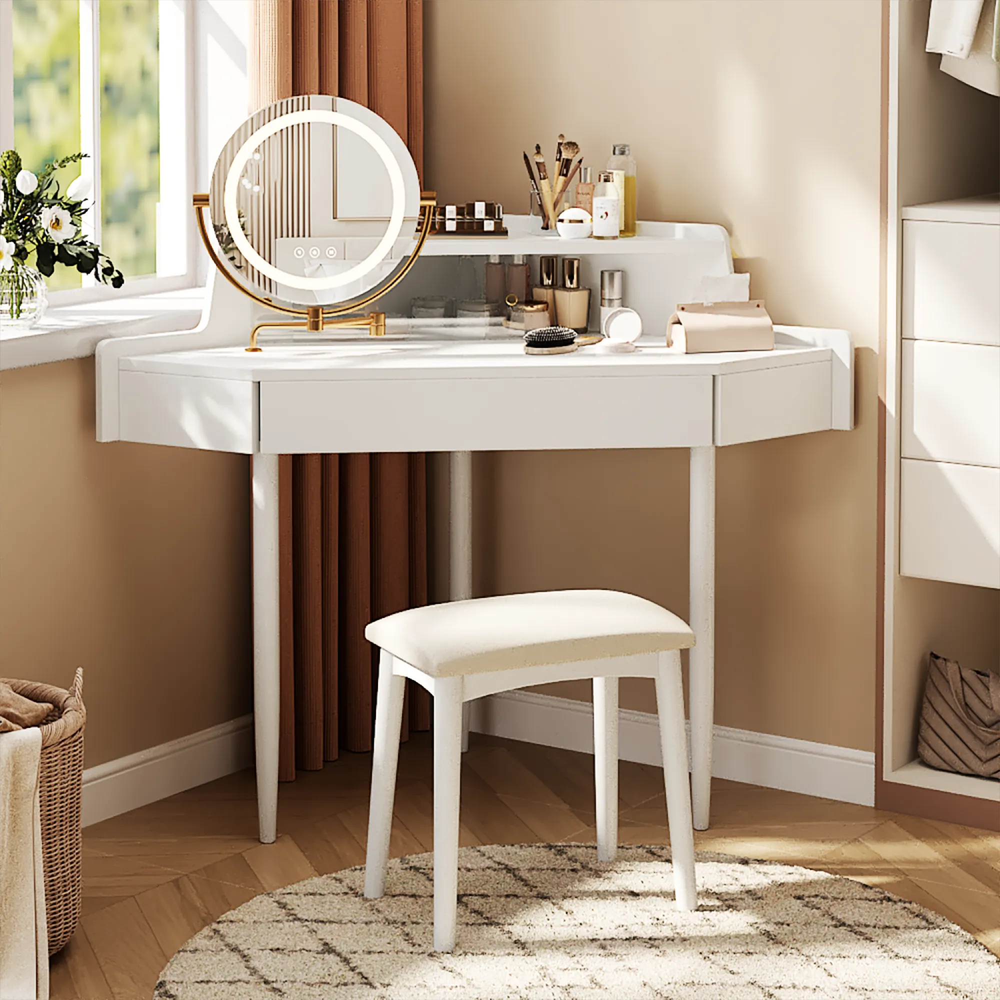 Modern Corner Market Vanity, with LED Mirror, Storage & Stool