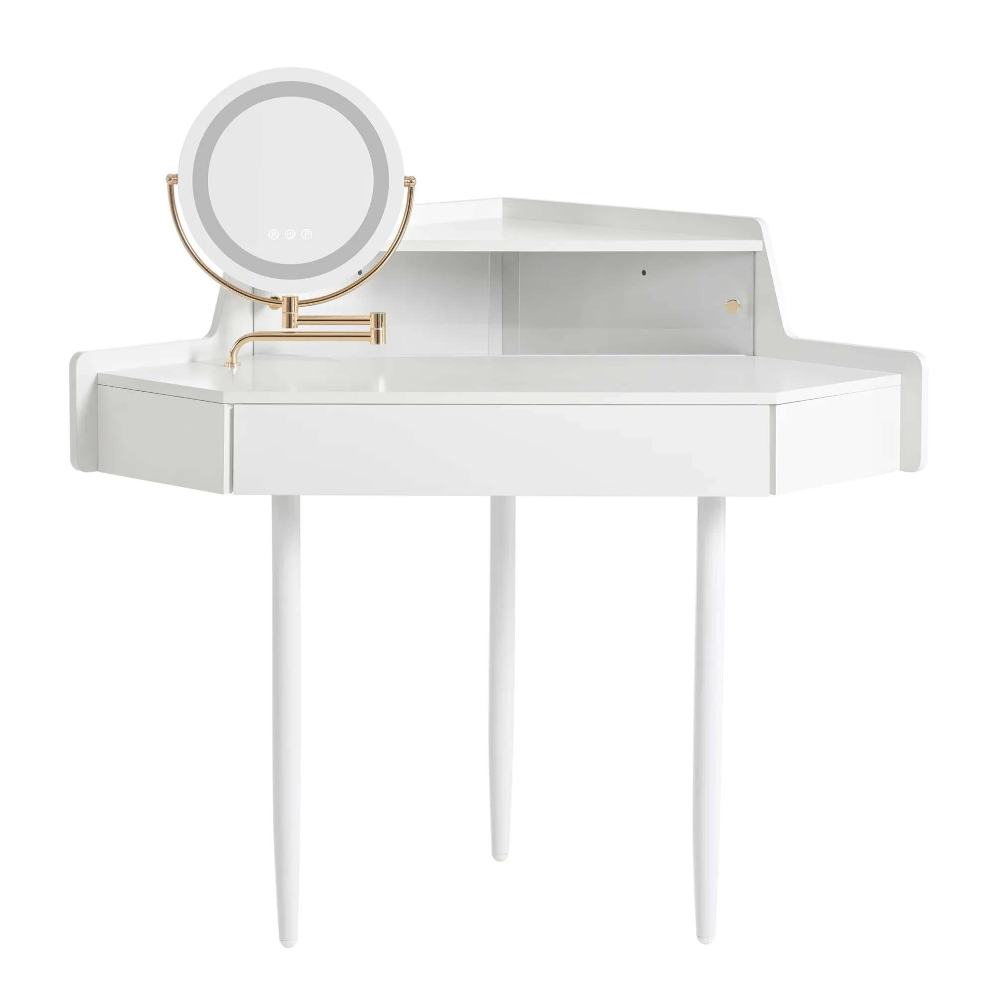 Modern Corner Market Vanity, with LED Mirror, Storage & Stool