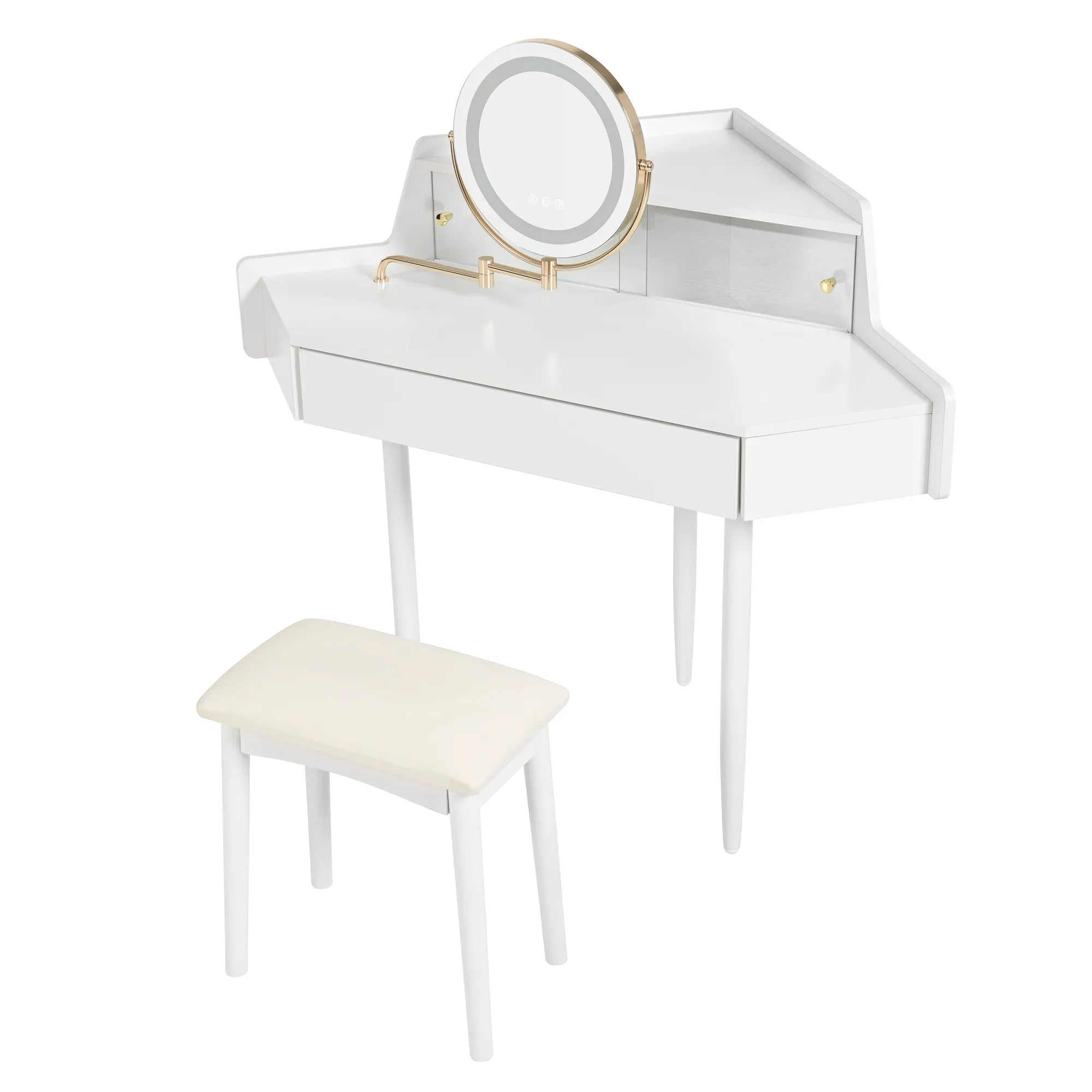 Modern Corner Market Vanity, with LED Mirror, Storage & Stool