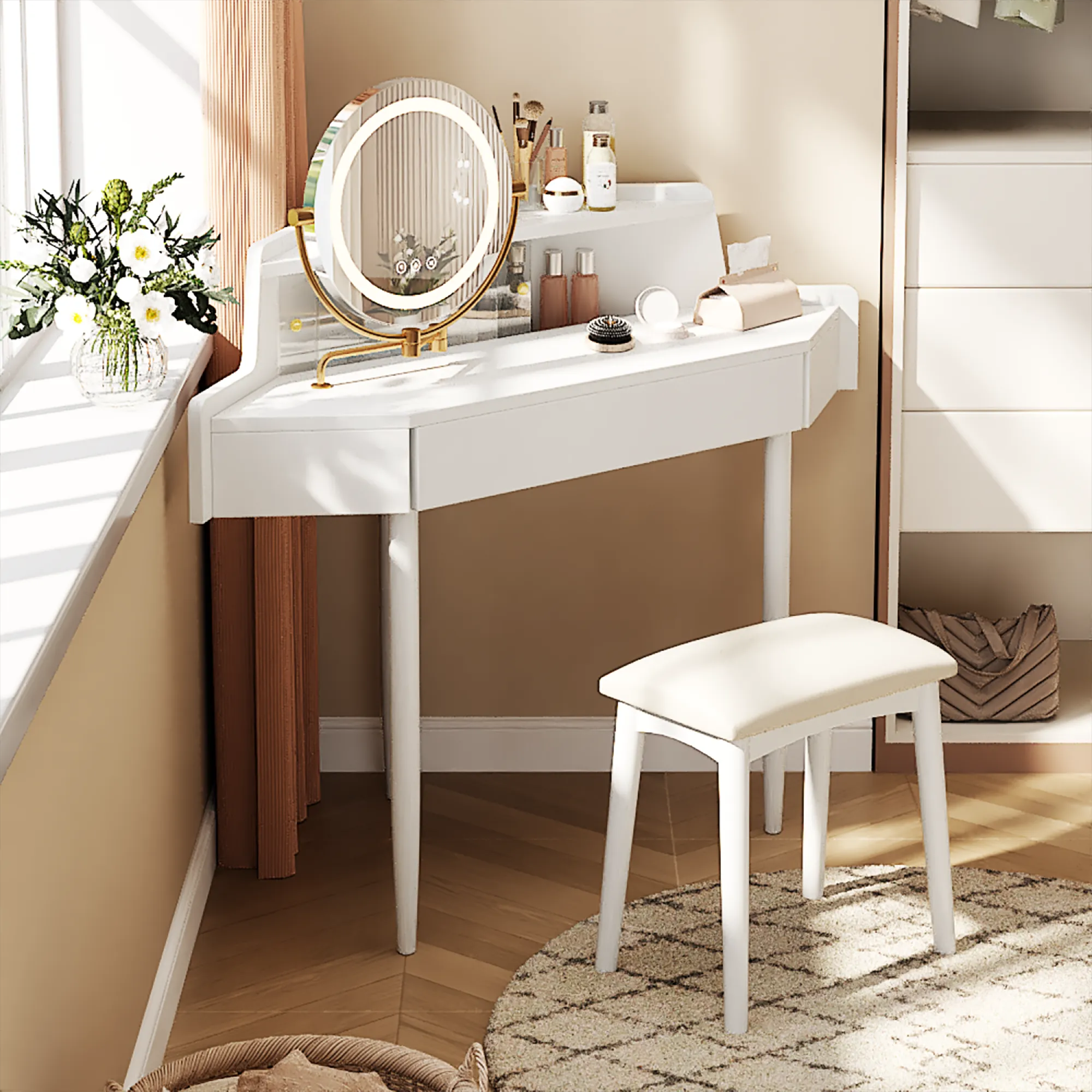 Modern Corner Market Vanity, with LED Mirror, Storage & Stool