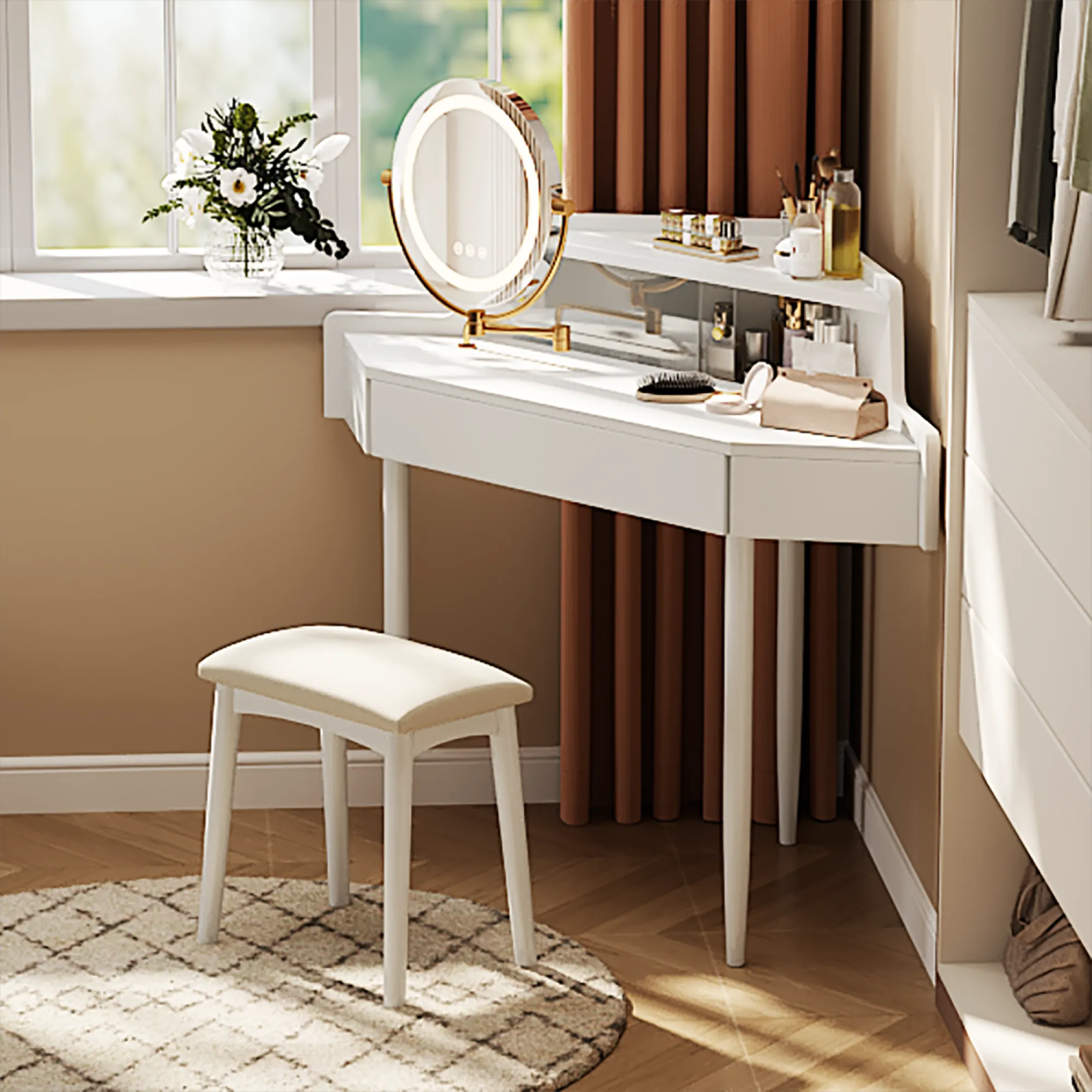 Modern Corner Market Vanity, with LED Mirror, Storage & Stool