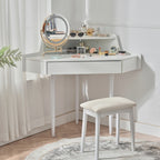 Modern Corner Market Vanity, with LED Mirror, Storage & Stool