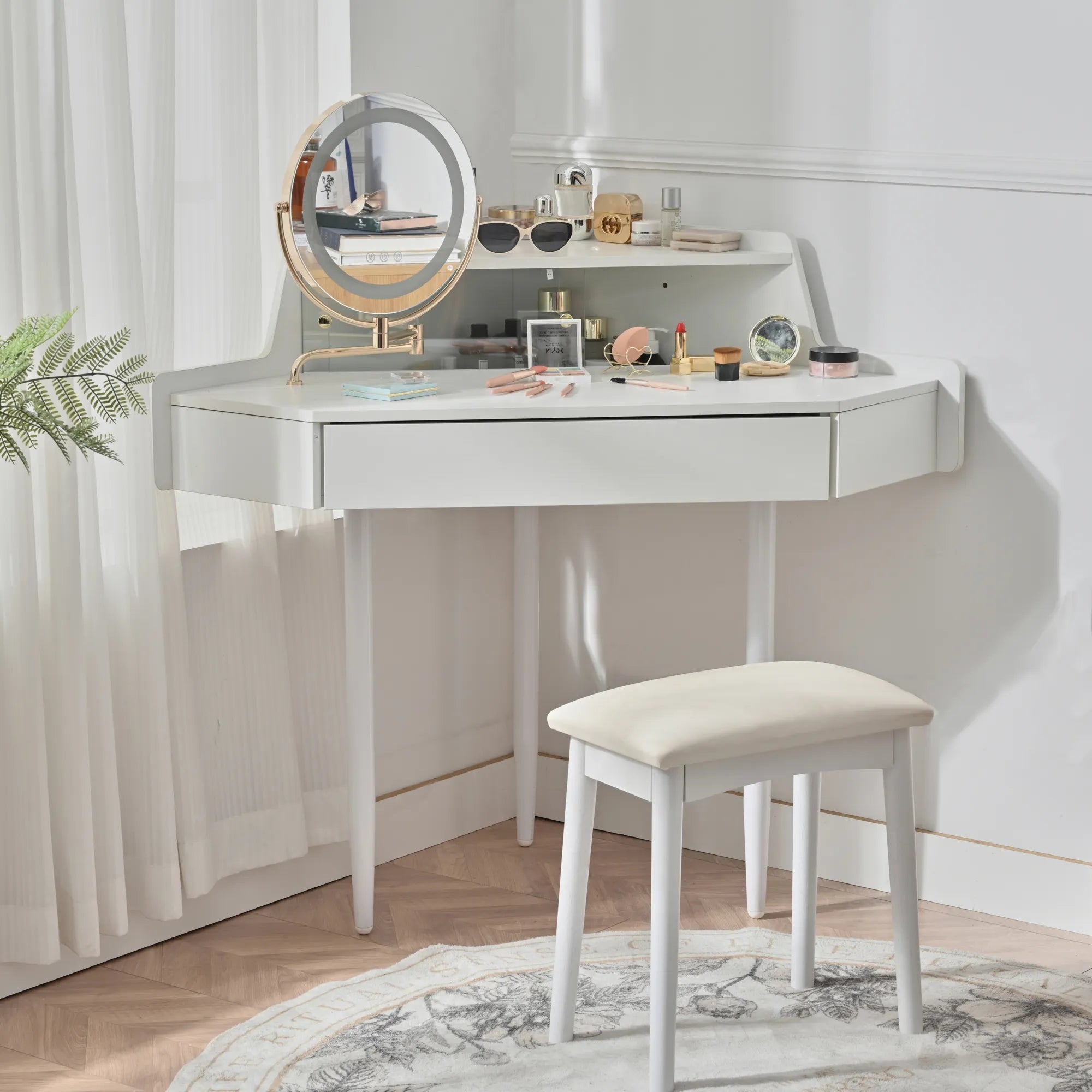 Modern Corner Market Vanity, with LED Mirror, Storage & Stool