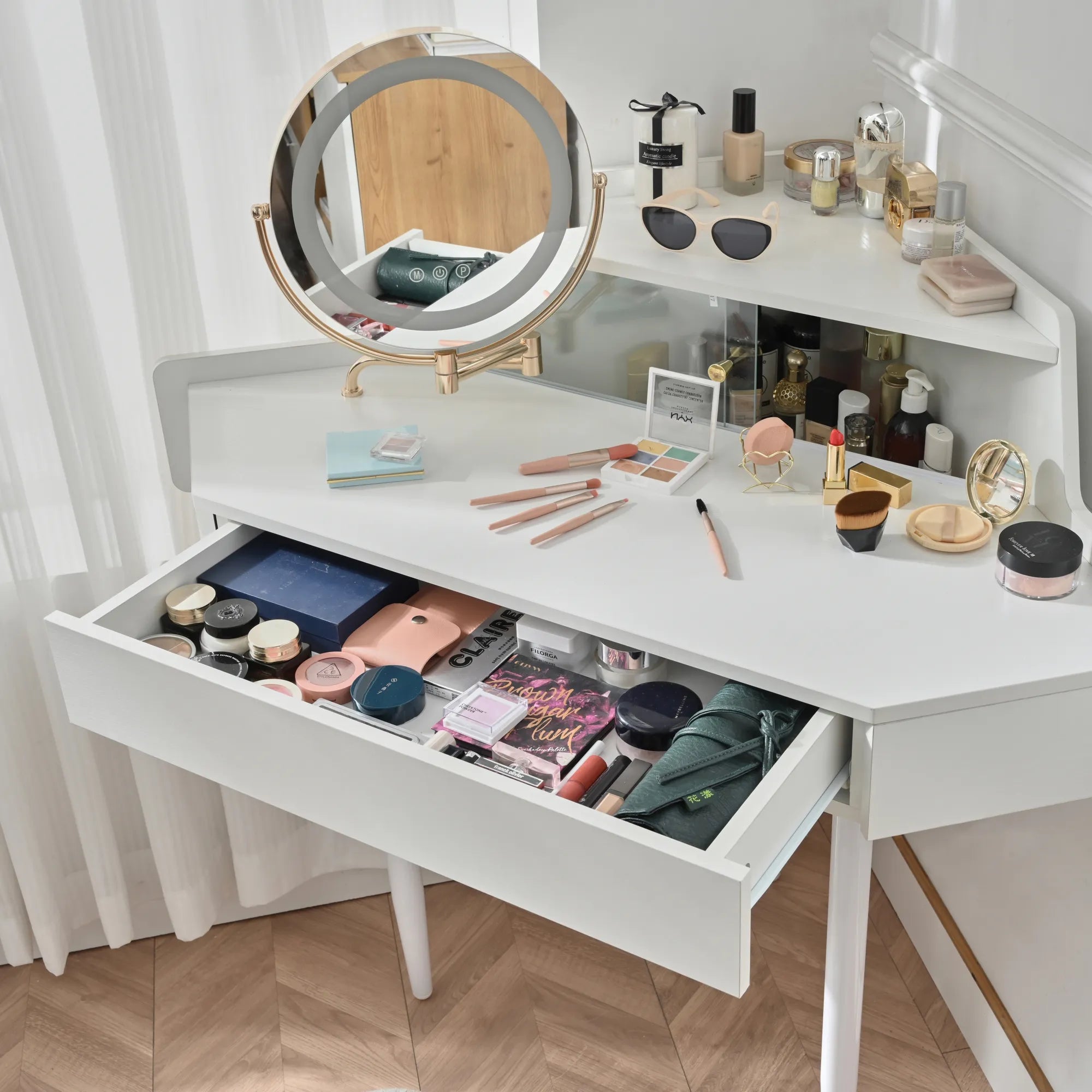 Modern Corner Market Vanity, with LED Mirror, Storage & Stool