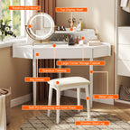 Modern Corner Market Vanity, with LED Mirror, Storage & Stool