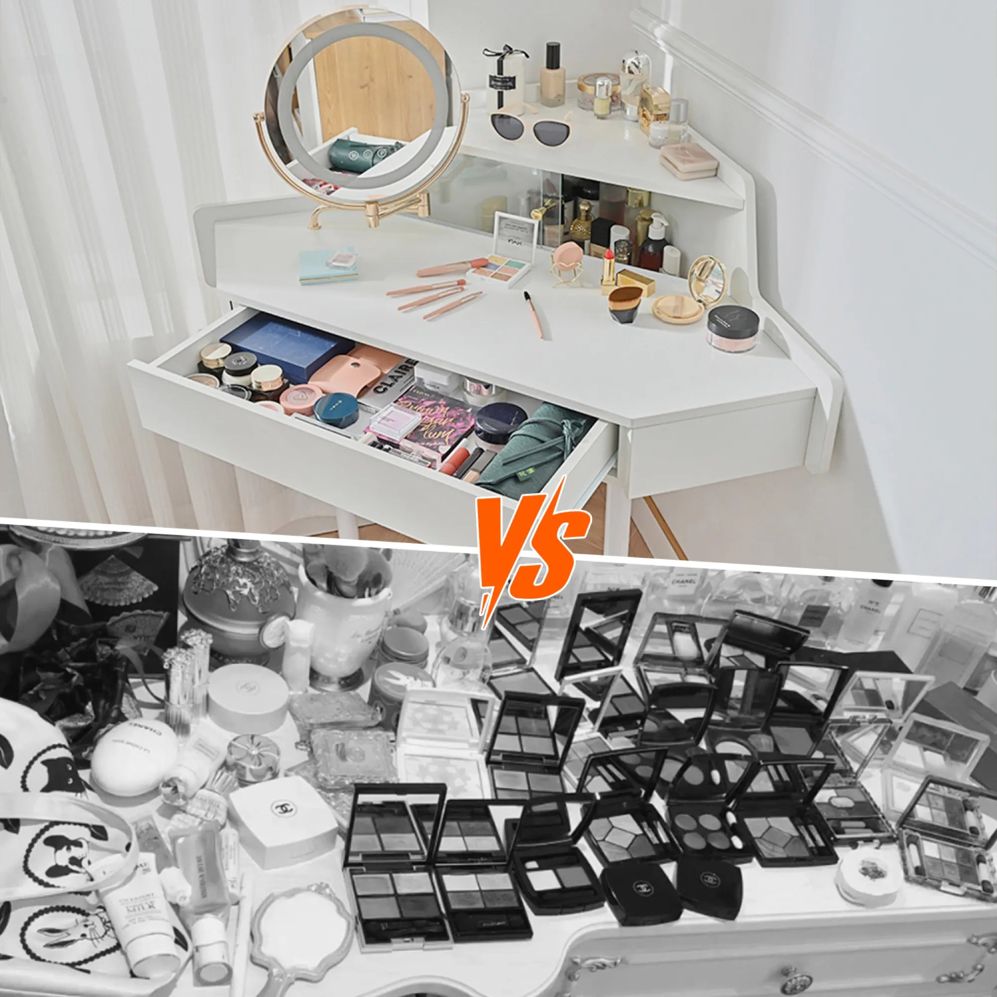 Modern Corner Market Vanity, with LED Mirror, Storage & Stool
