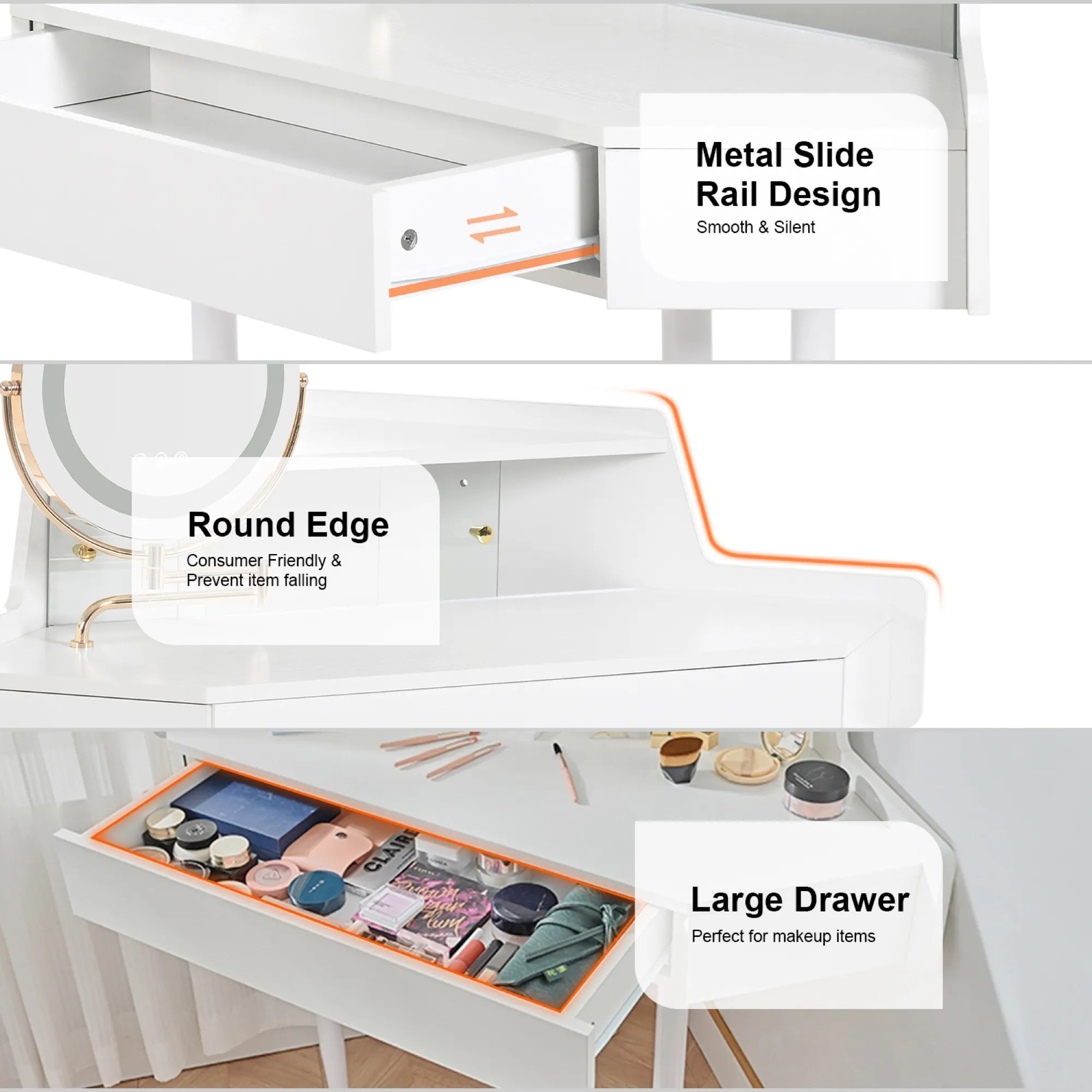 Modern Corner Market Vanity, with LED Mirror, Storage & Stool