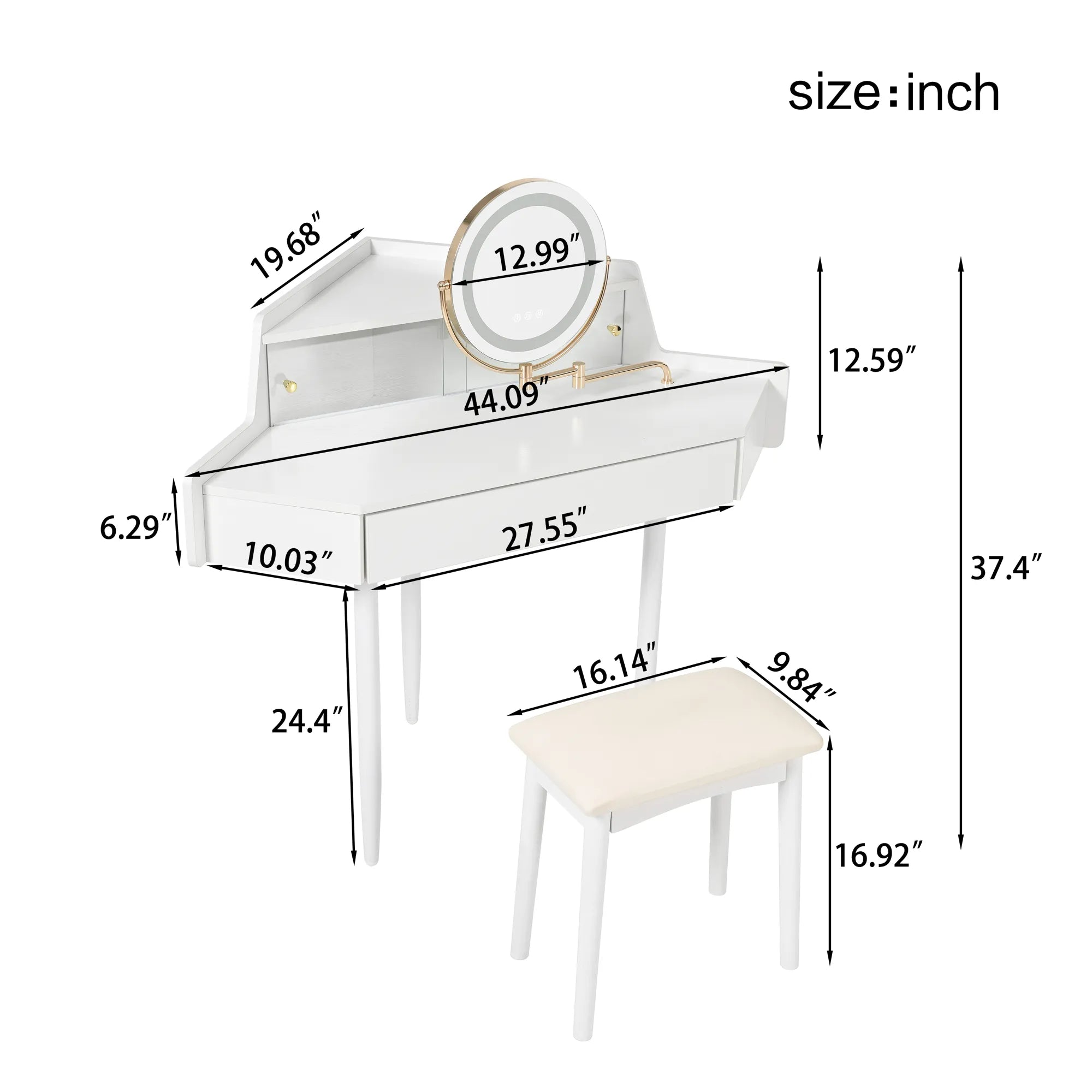 Modern Corner Market Vanity, with LED Mirror, Storage & Stool