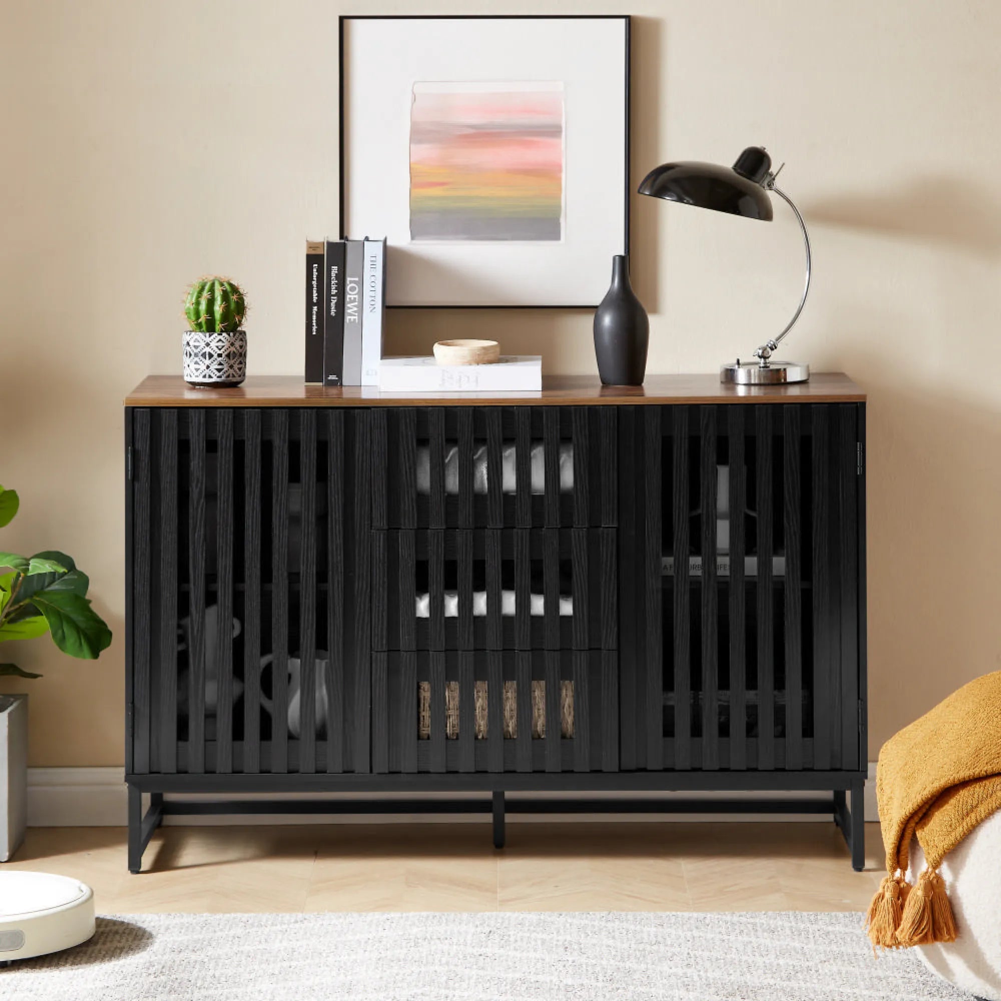 Modern Dresser with Slatted Grille Striped Doors