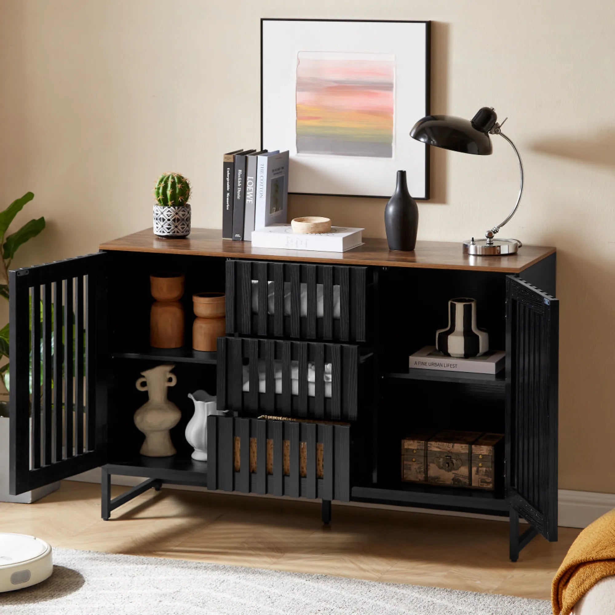 Modern Dresser with Slatted Grille Striped Doors