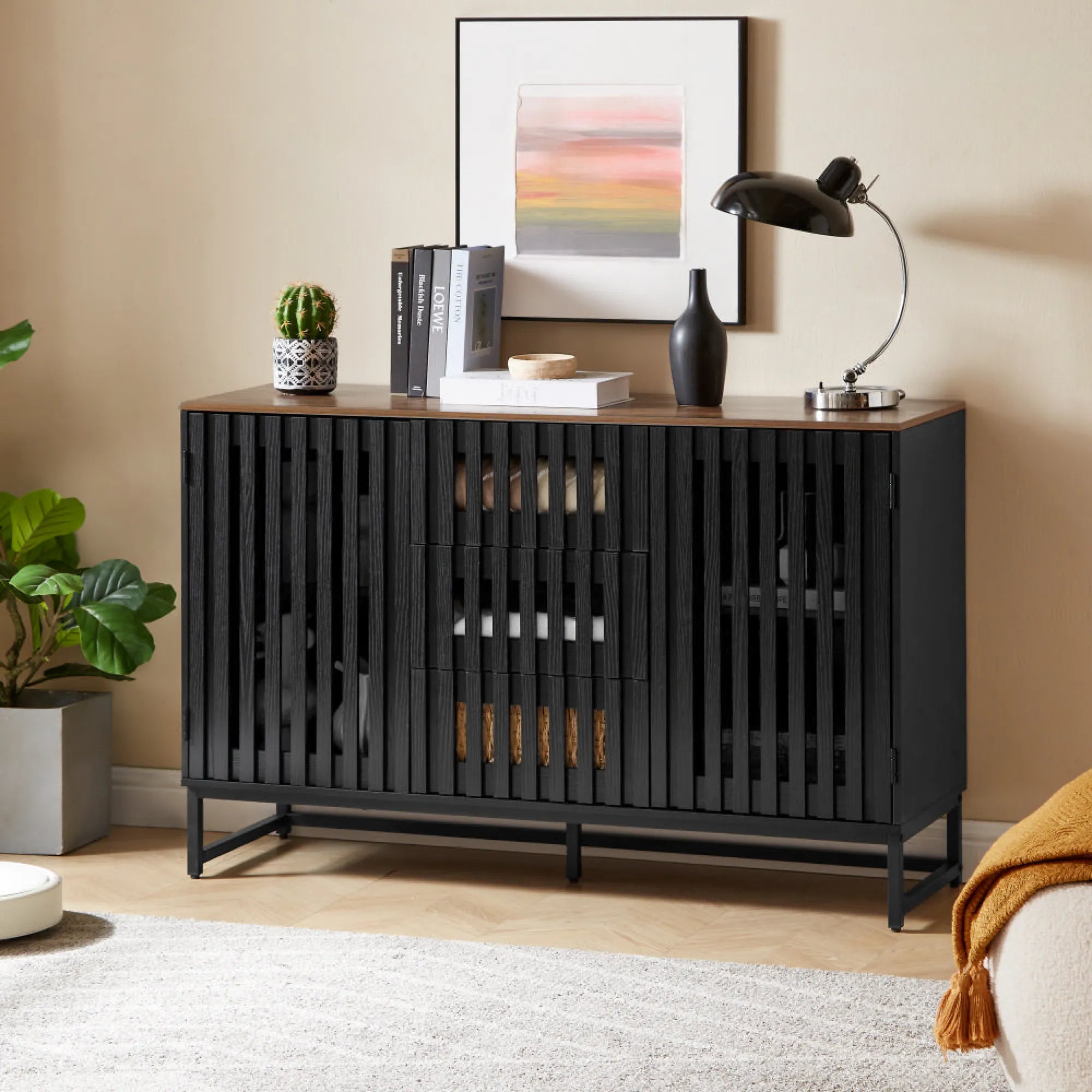 Modern Dresser with Slatted Grille Striped Doors