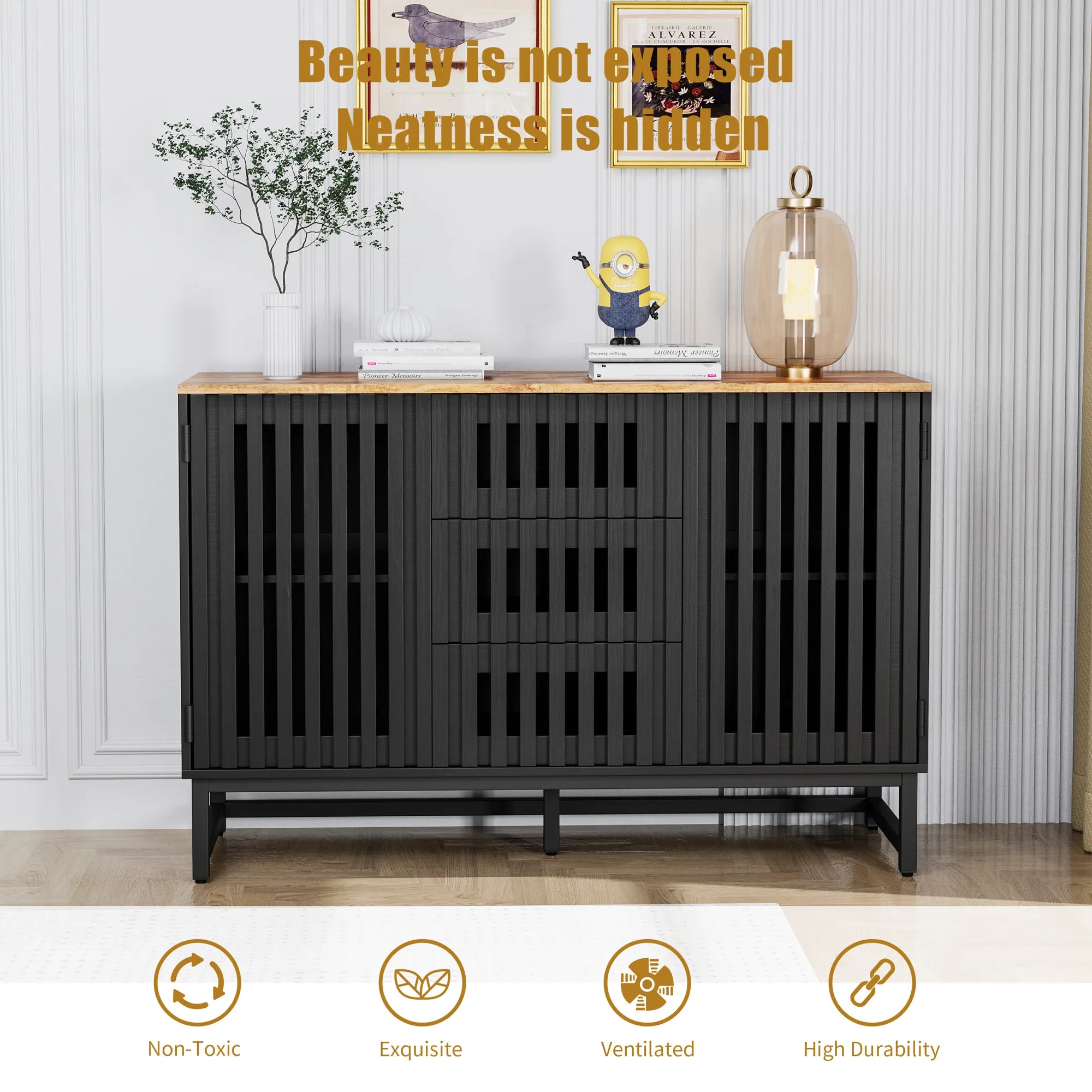 Modern Dresser with Slatted Grille Striped Doors