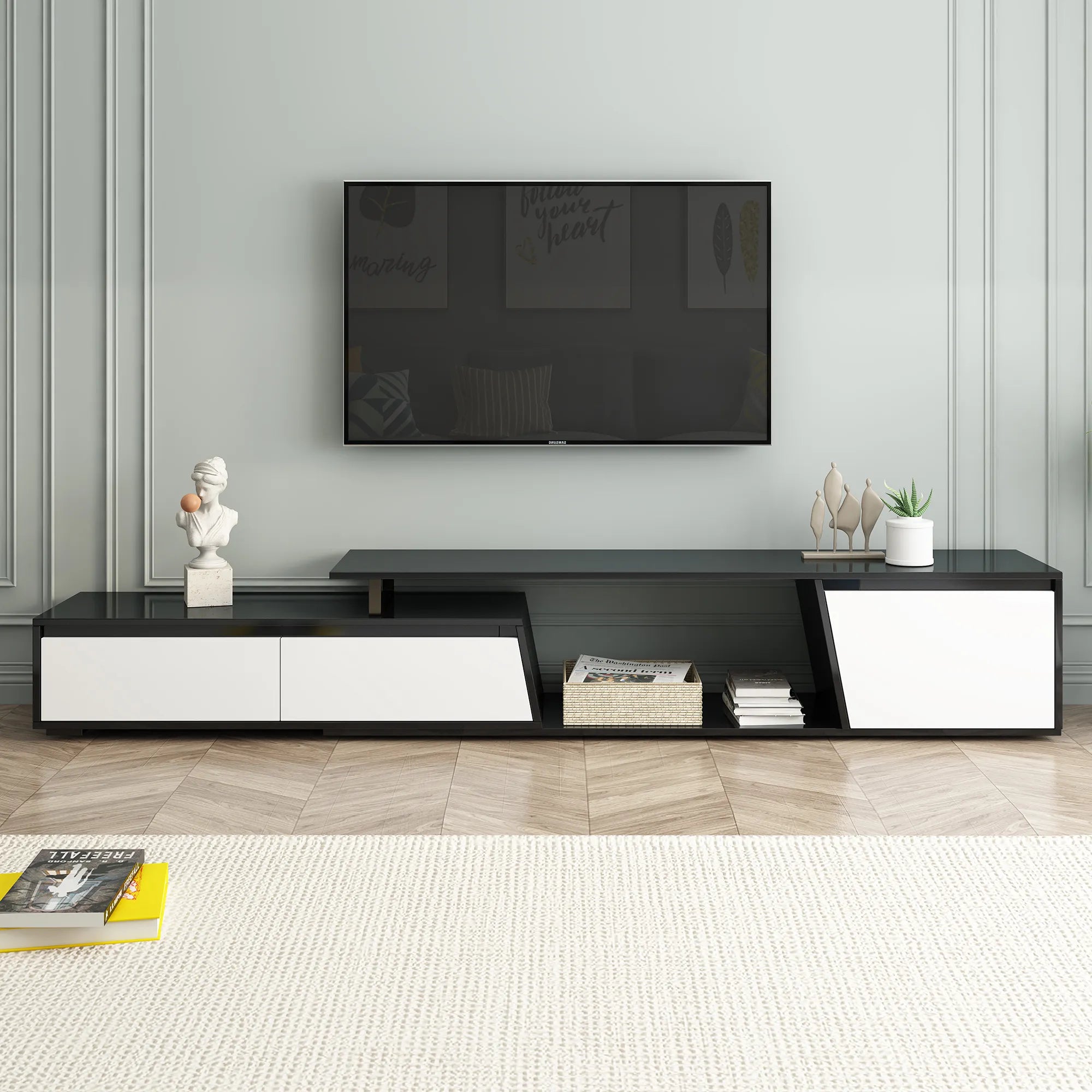 Modern Extendable TV Stand with Drawers and Cabinet
