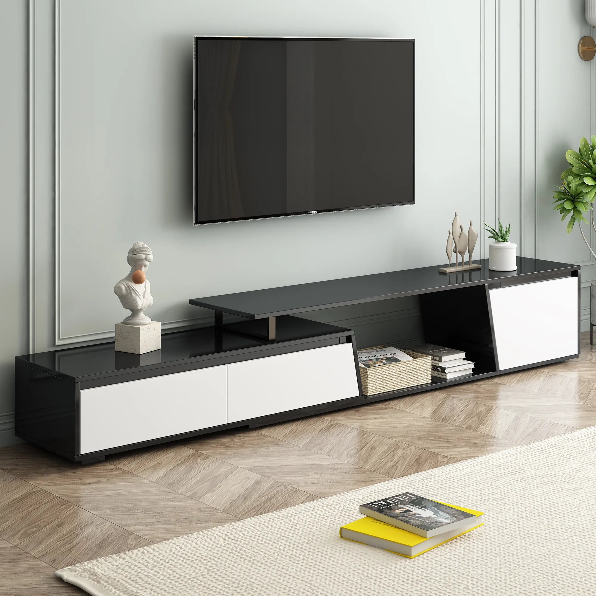 Modern Extendable TV Stand with Drawers and Cabinet