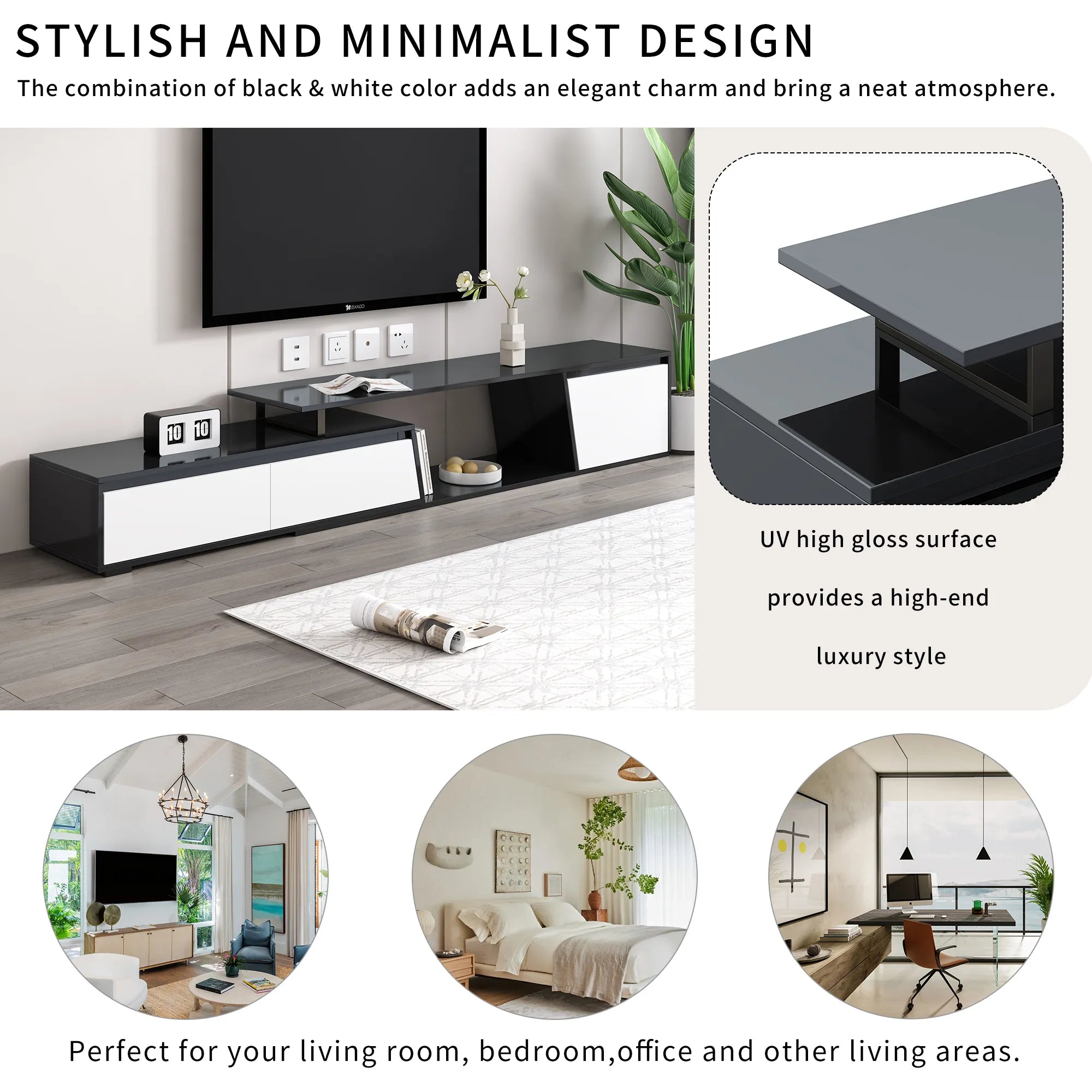 Modern Extendable TV Stand with Drawers and Cabinet