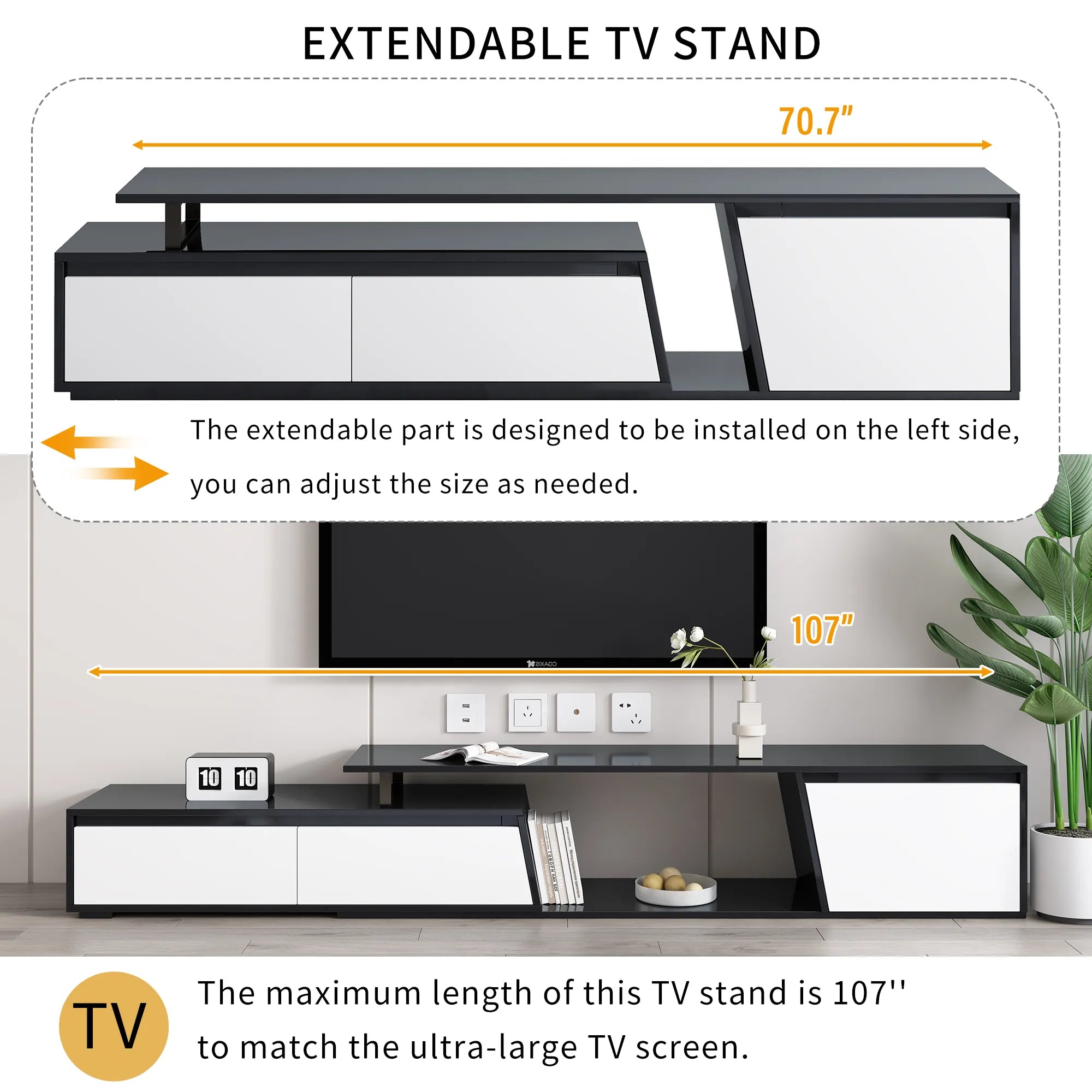 Modern Extendable TV Stand with Drawers and Cabinet
