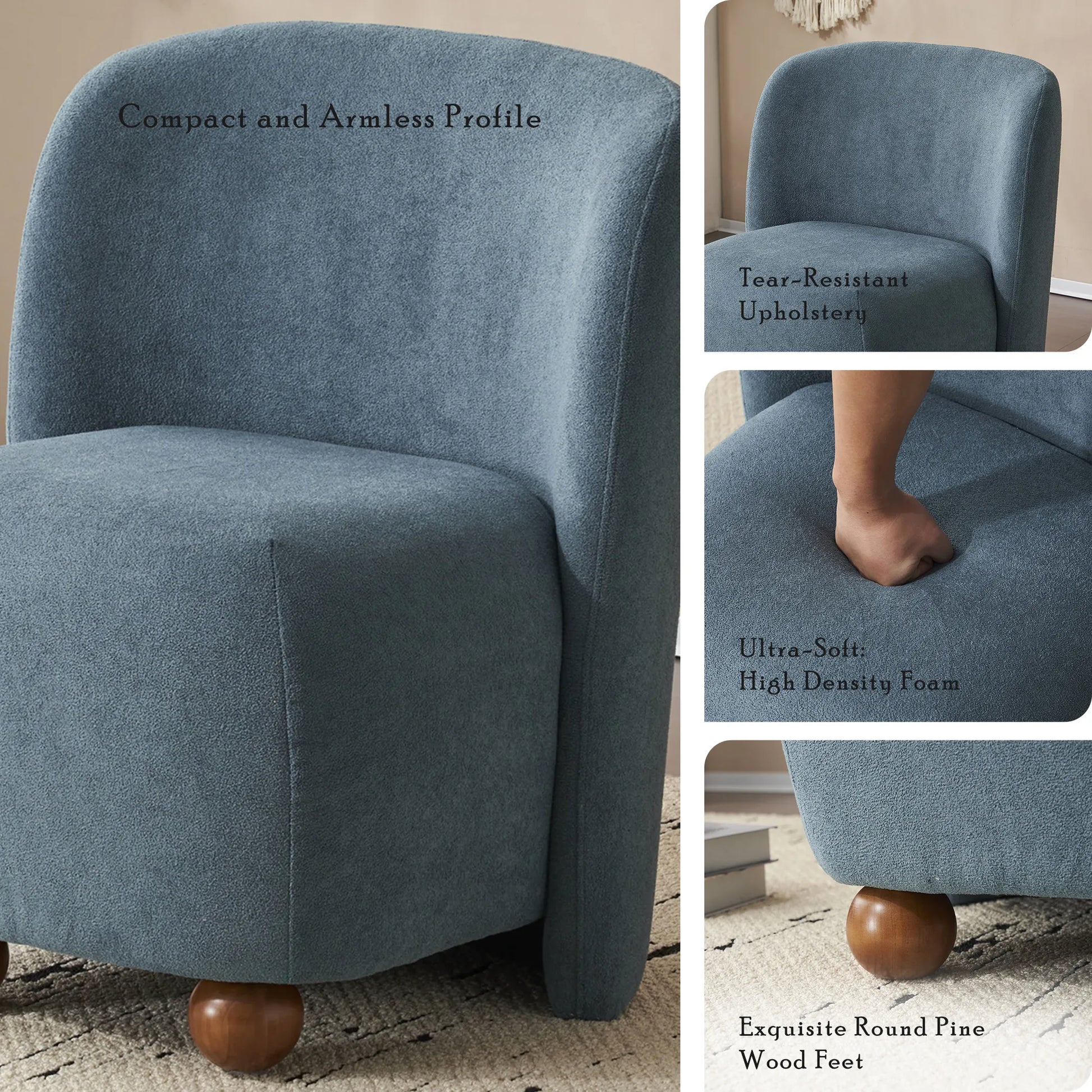 Modern Fabric Low Back Armless Accent Chair with Round Pine Wood Feet