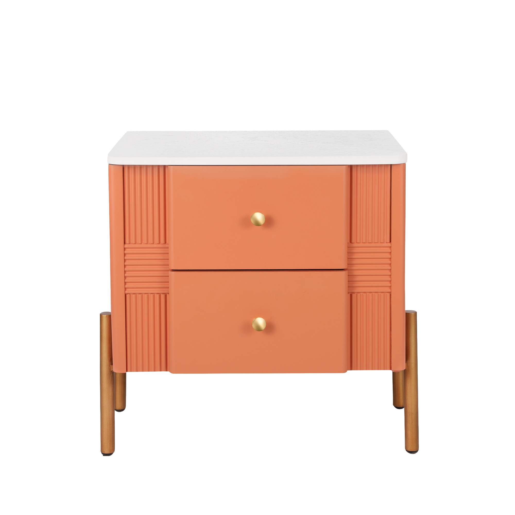 Modern Fluted 2-Drawer Nightstand with Gold Metal Legs