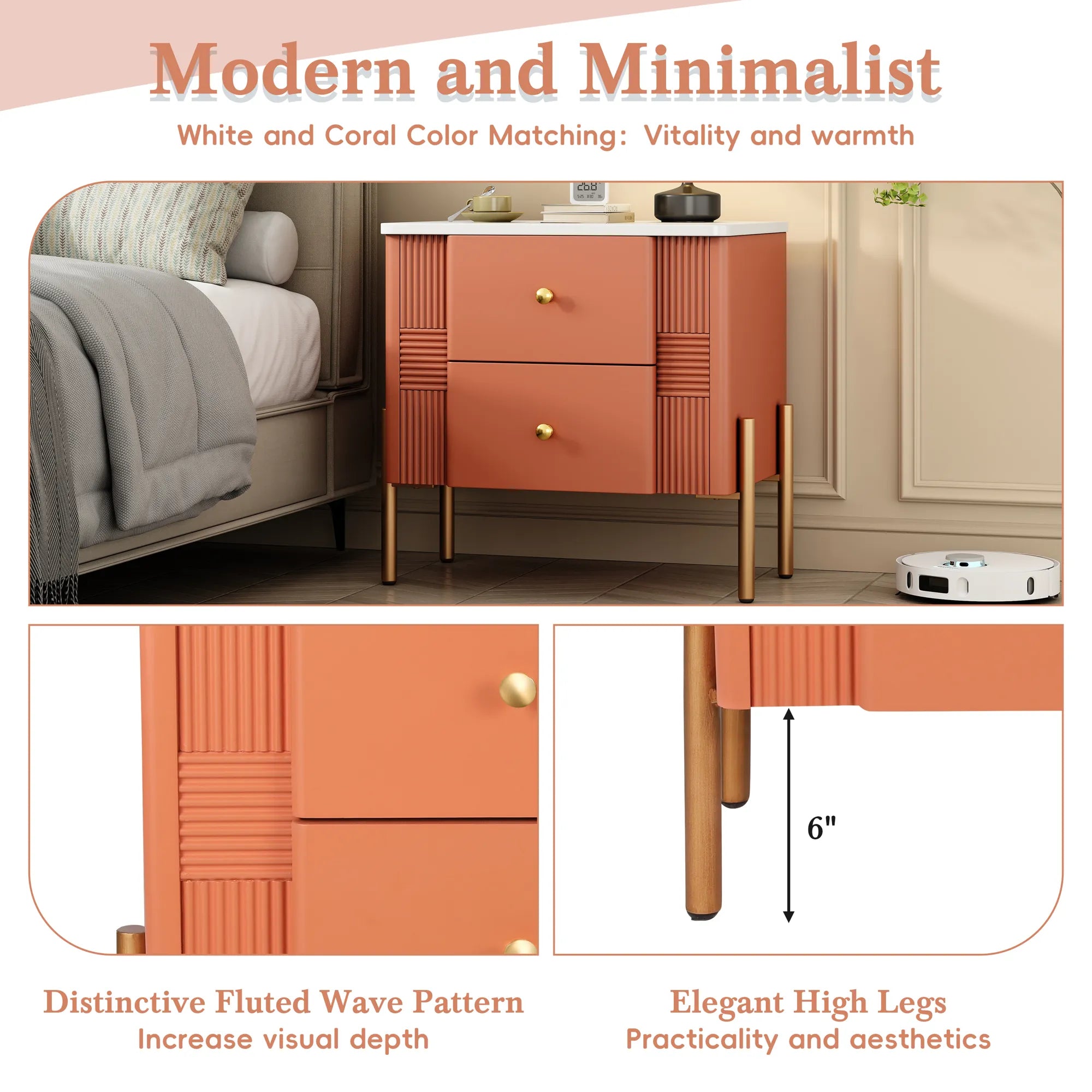 Modern Fluted 2-Drawer Nightstand with Gold Metal Legs