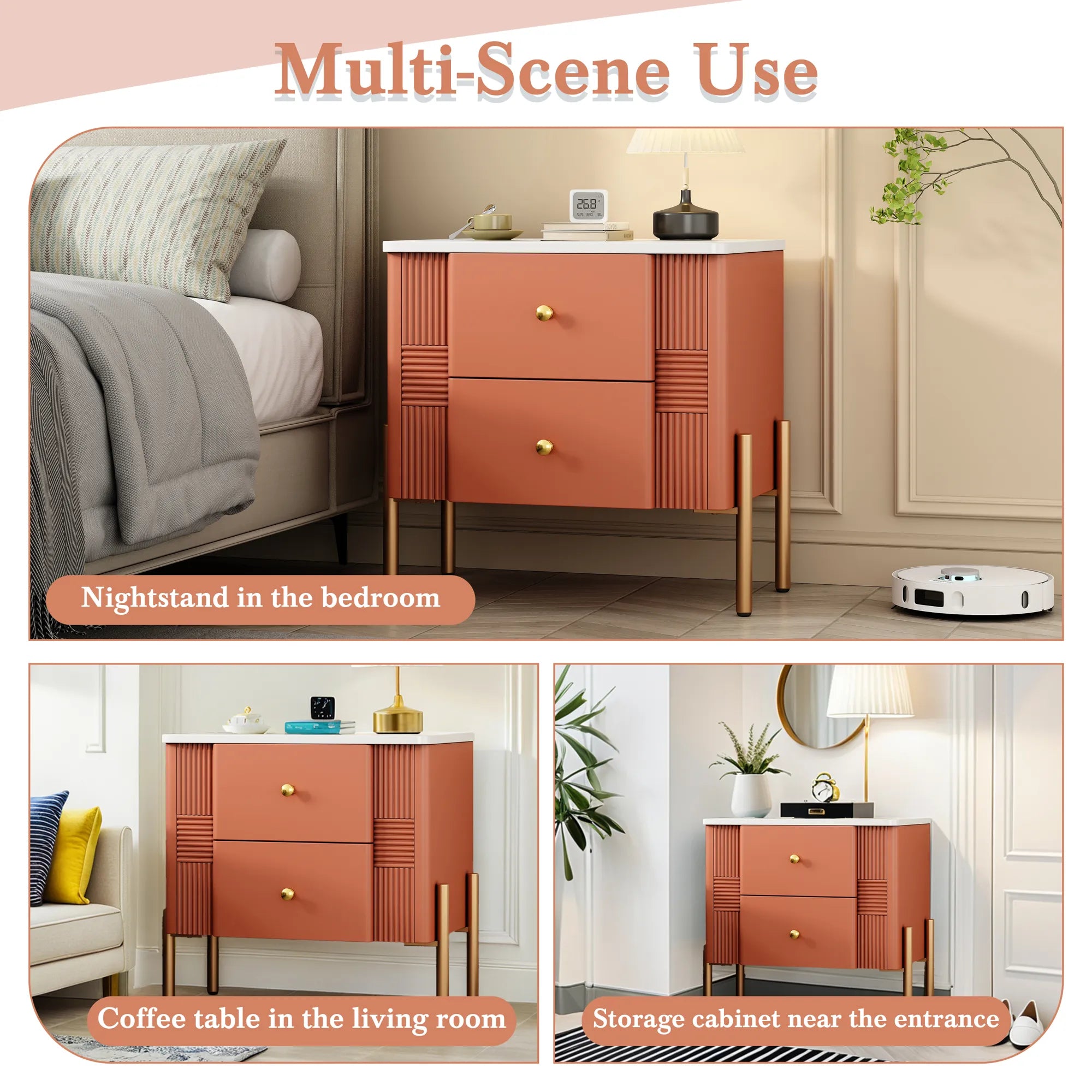 Modern Fluted 2-Drawer Nightstand with Gold Metal Legs