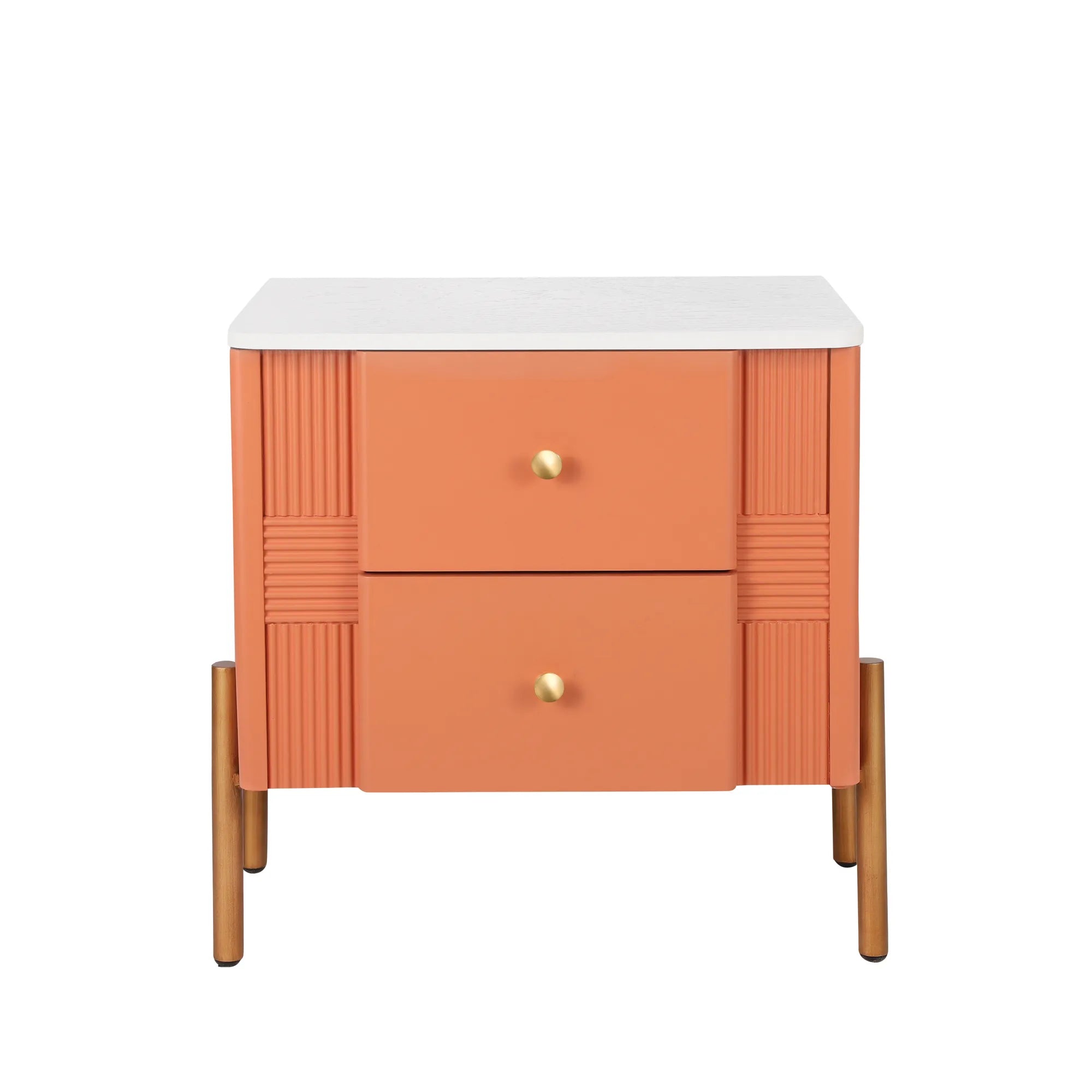 Modern Fluted 2-Drawer Nightstand with Gold Metal Legs