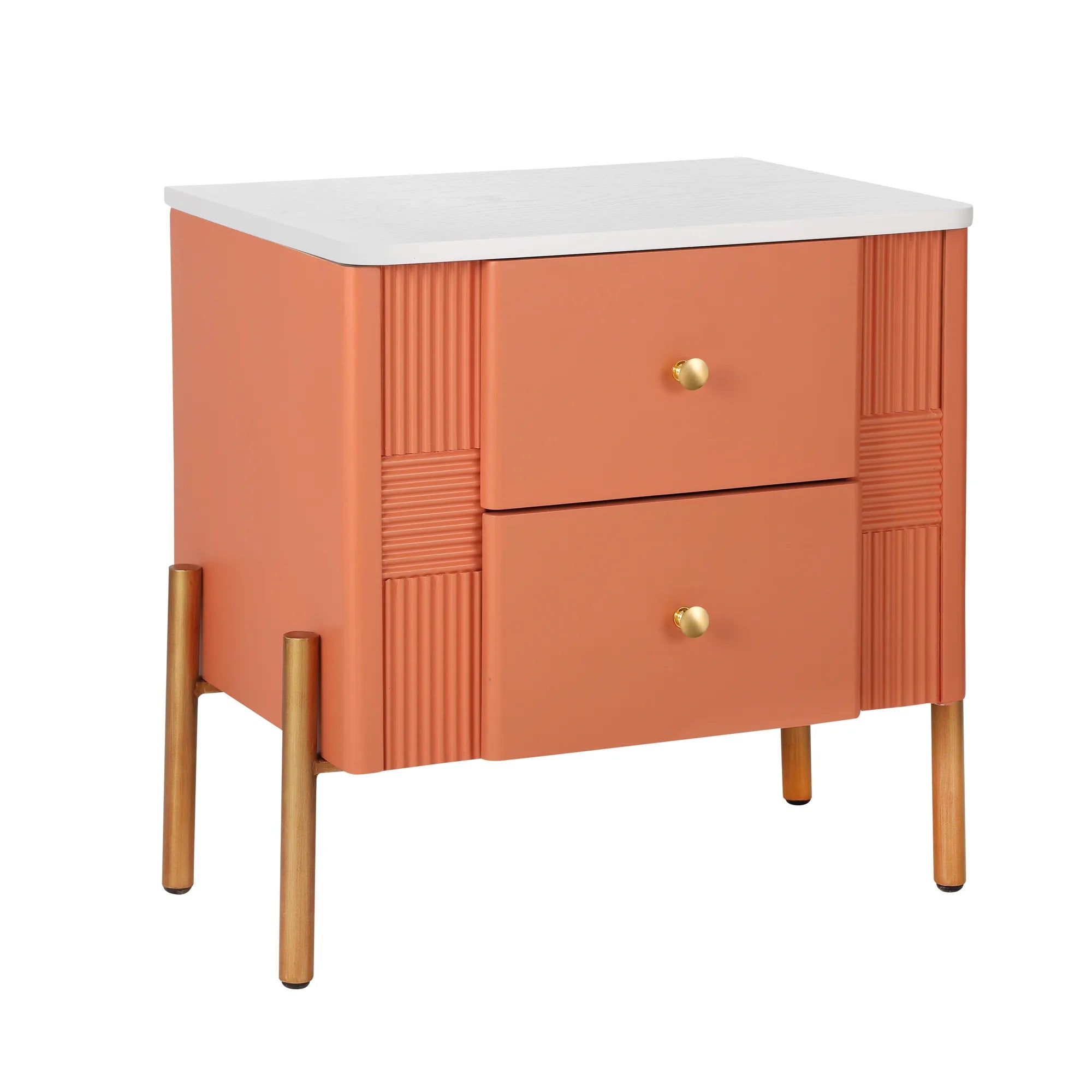 Modern Fluted 2-Drawer Nightstand with Gold Metal Legs