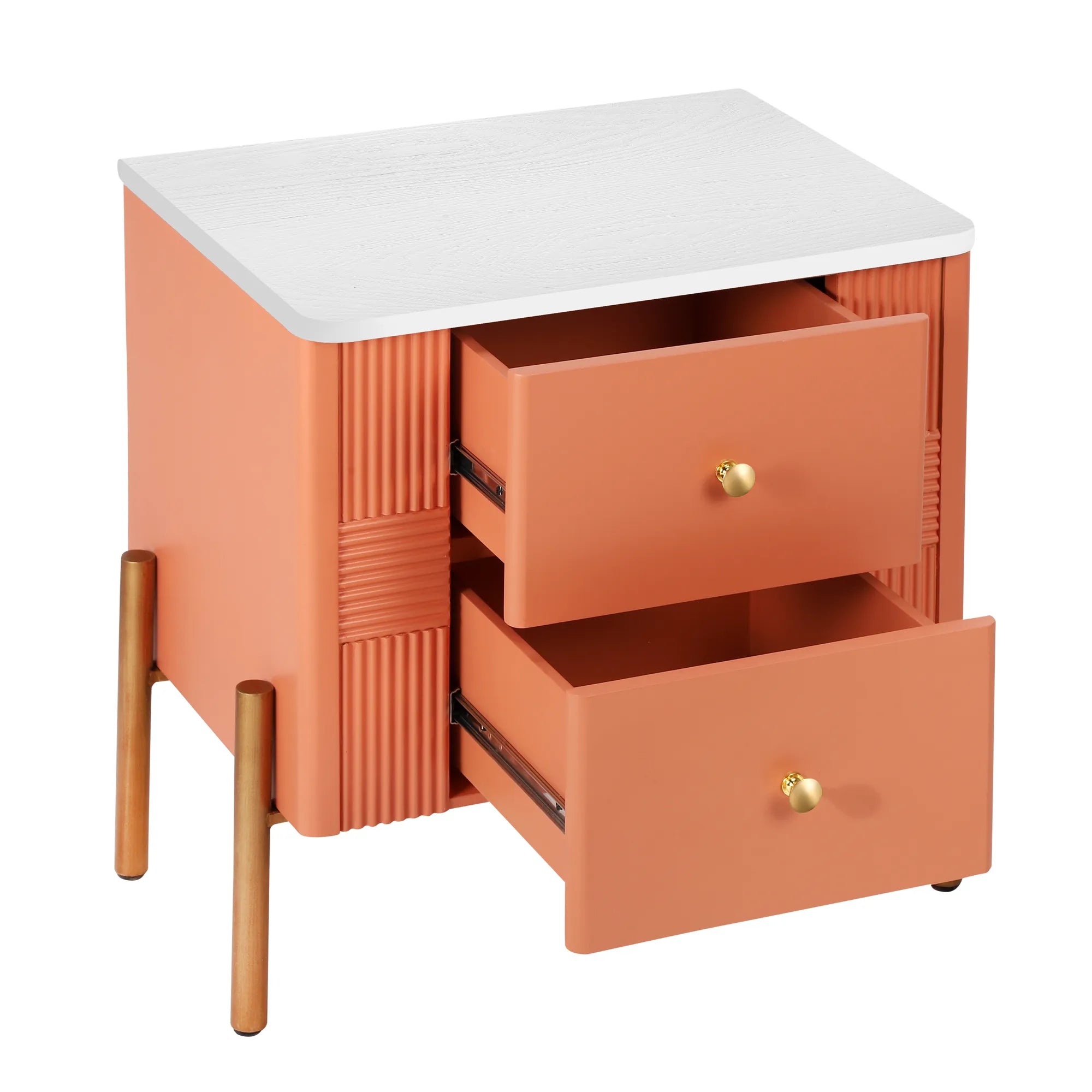 Modern Fluted 2-Drawer Nightstand with Gold Metal Legs