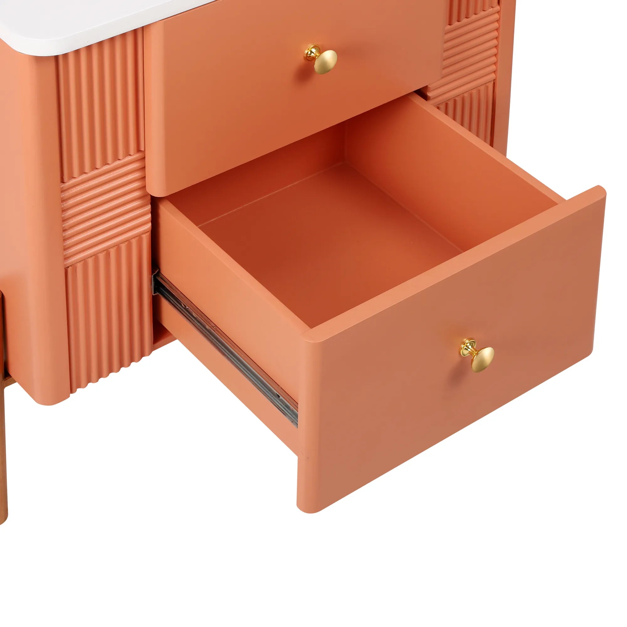 Modern Fluted 2-Drawer Nightstand with Gold Metal Legs