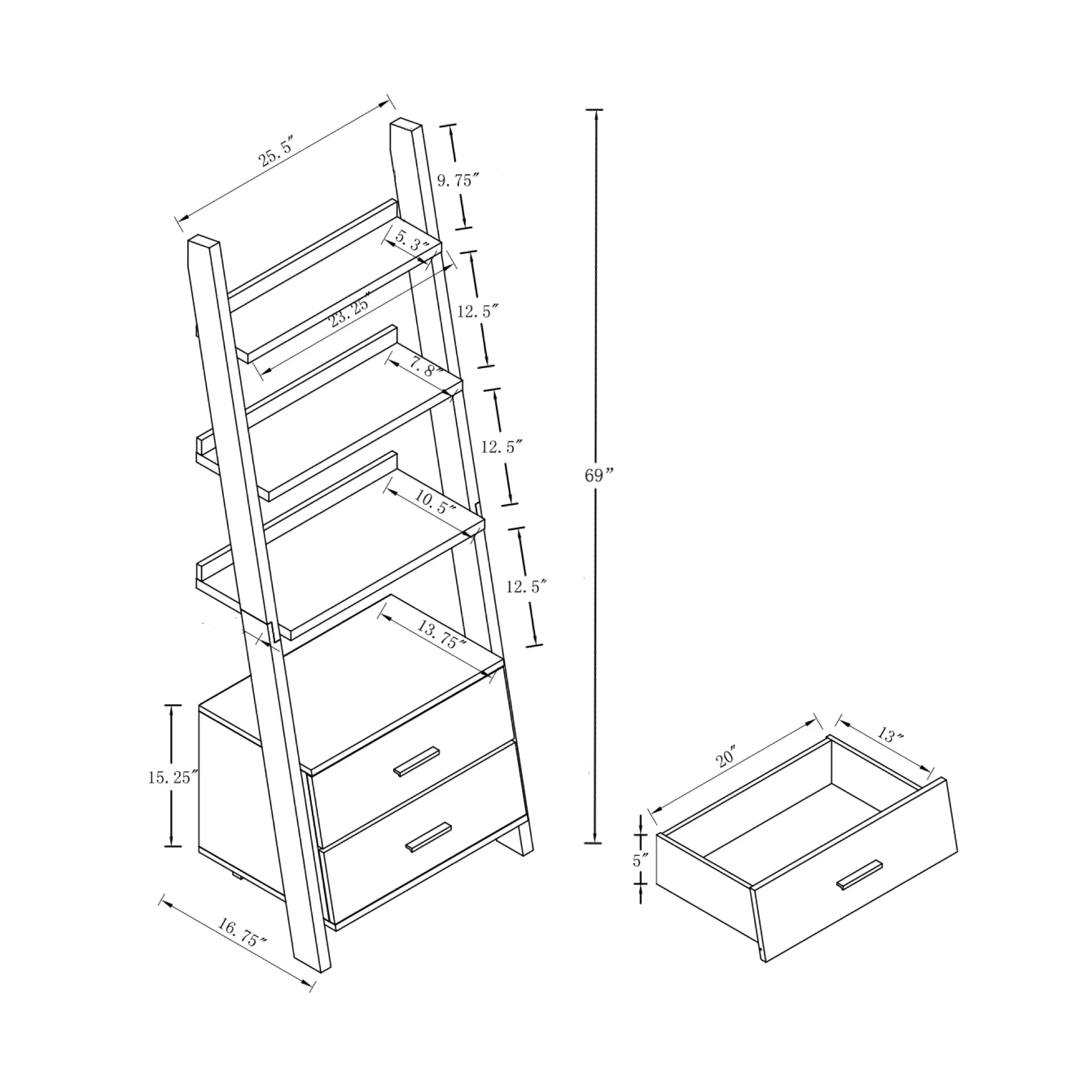 Modern Ladder Bookcase With 2 Drawers