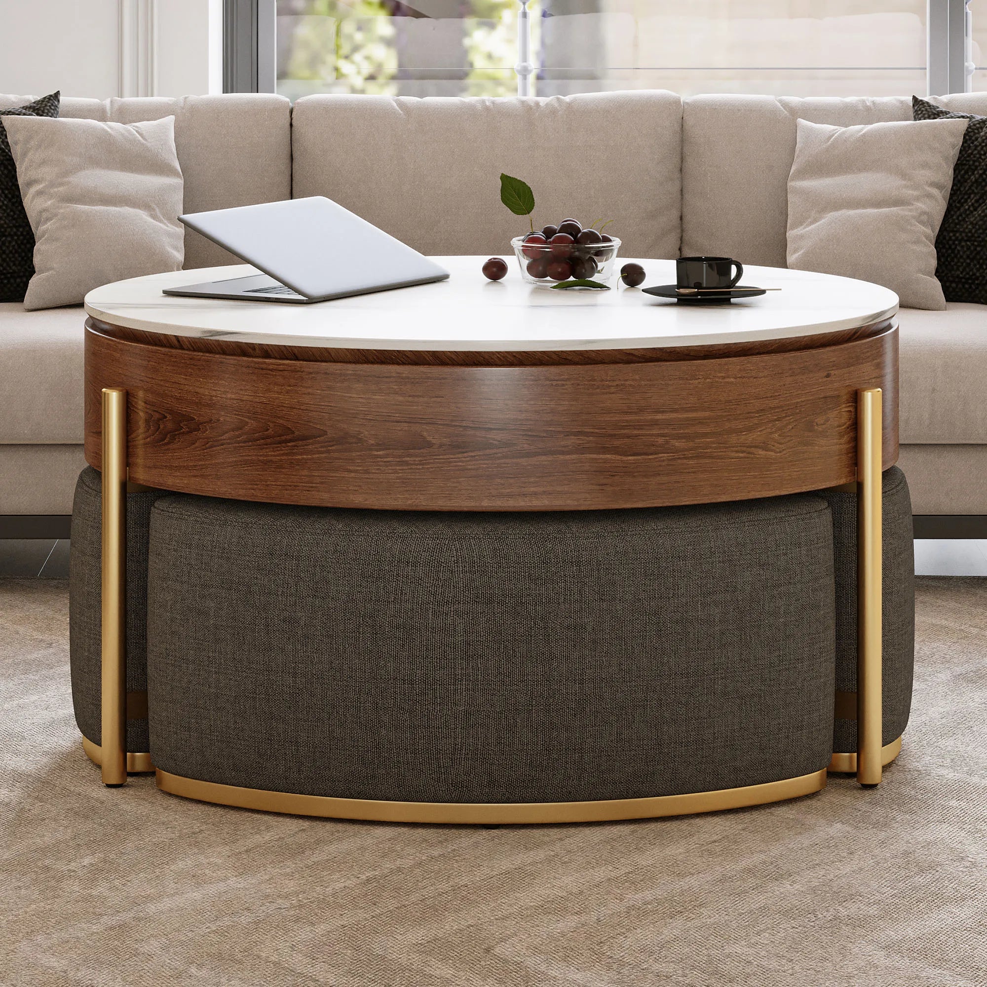 Modern Lift-Top Coffee Table With Nesting Stools