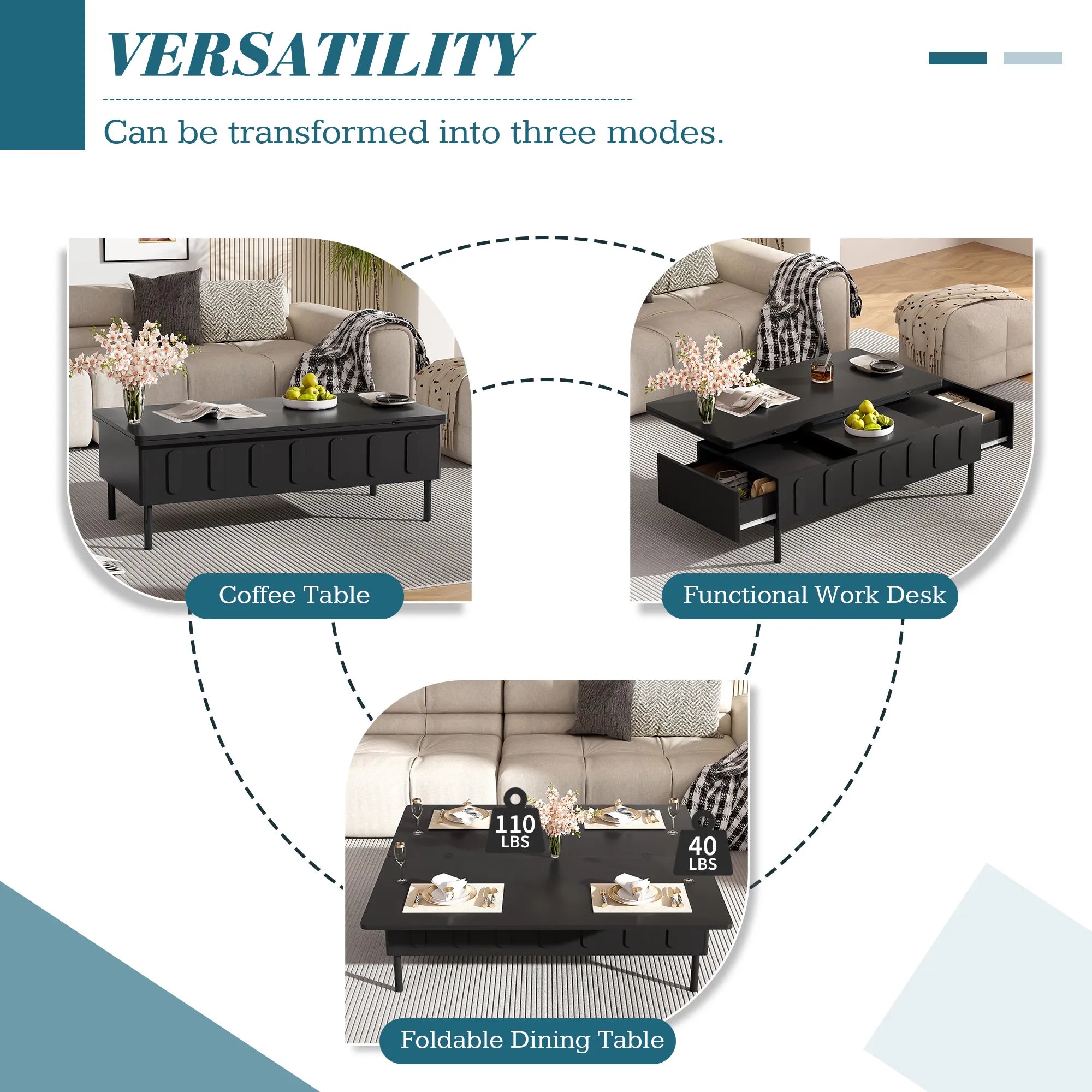 Modern Lift-Top Coffee Table, with Foldable Top