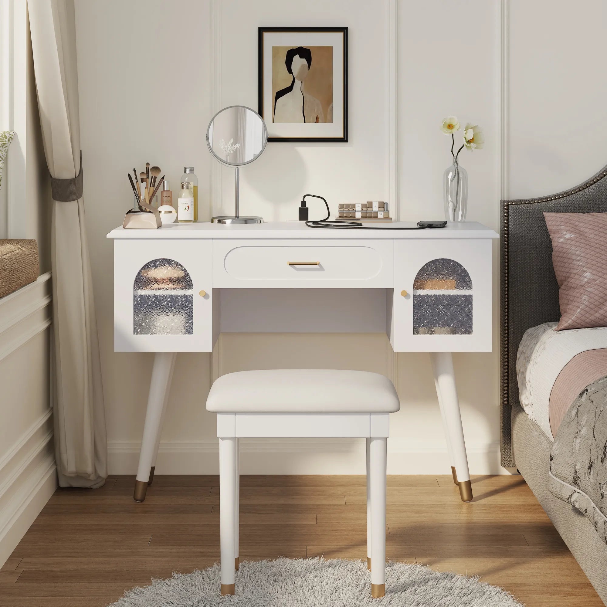 Modern Makeup Vanity Set with Stool & Storage