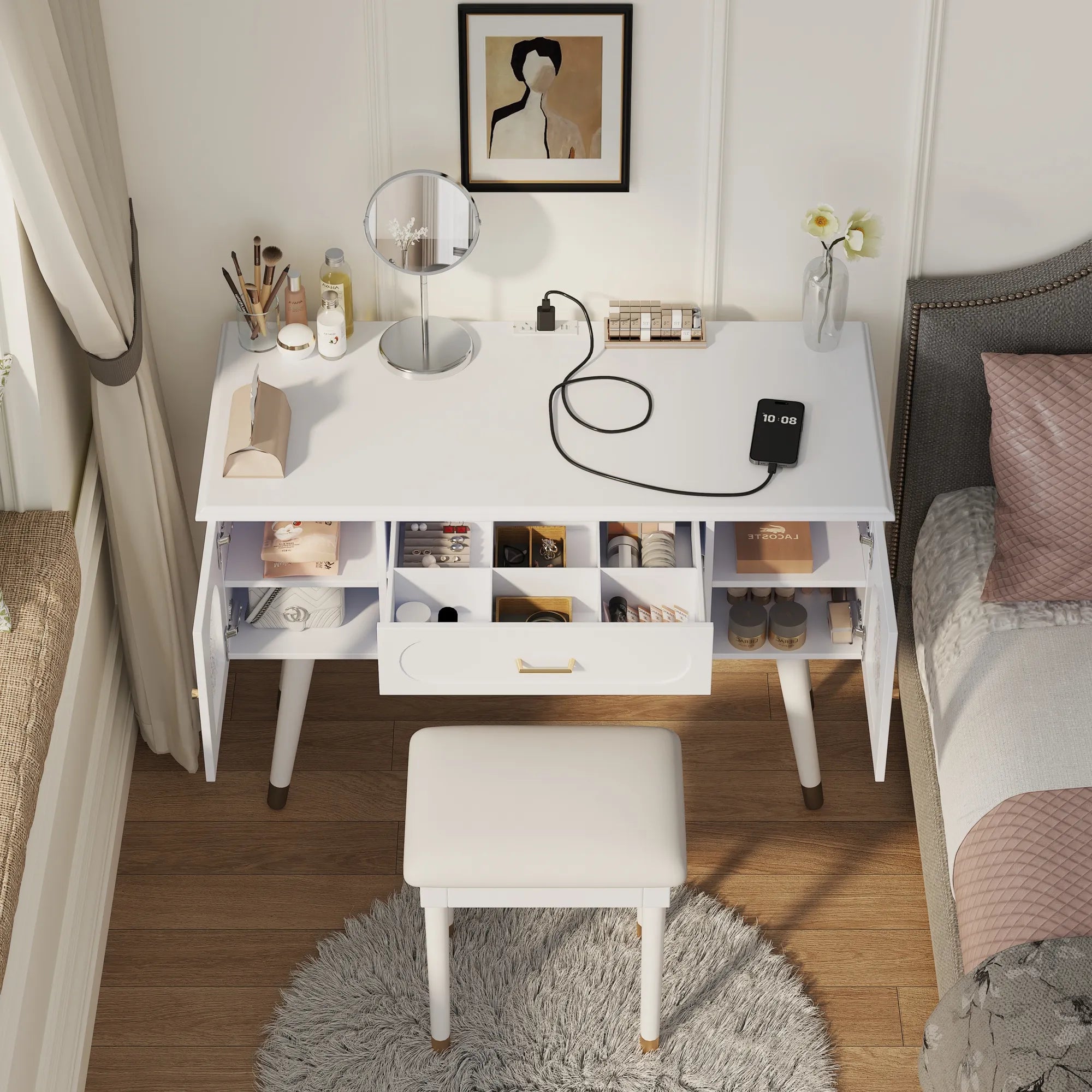 Modern Makeup Vanity Set with Stool & Storage