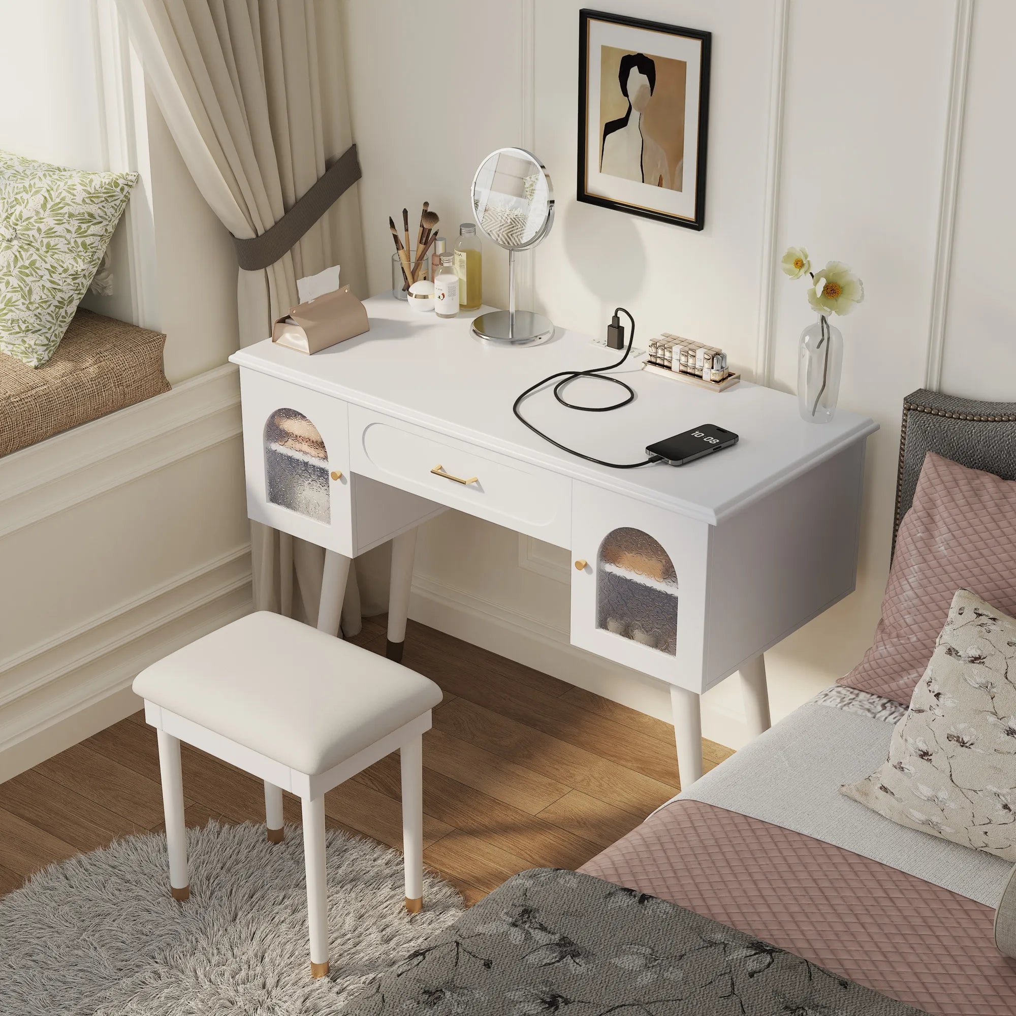 Modern Makeup Vanity Set with Stool & Storage