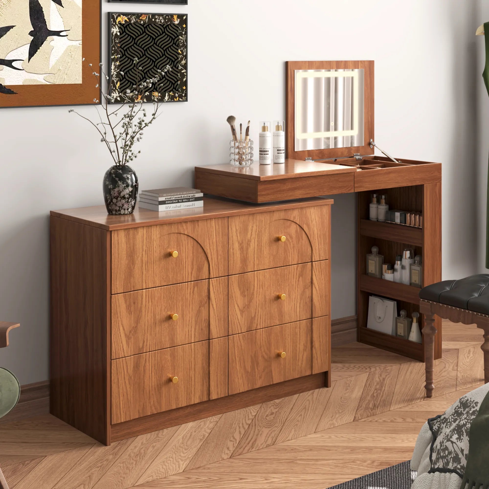 Modern Makeup Vanity, with Mirror, Lights & Large Storage