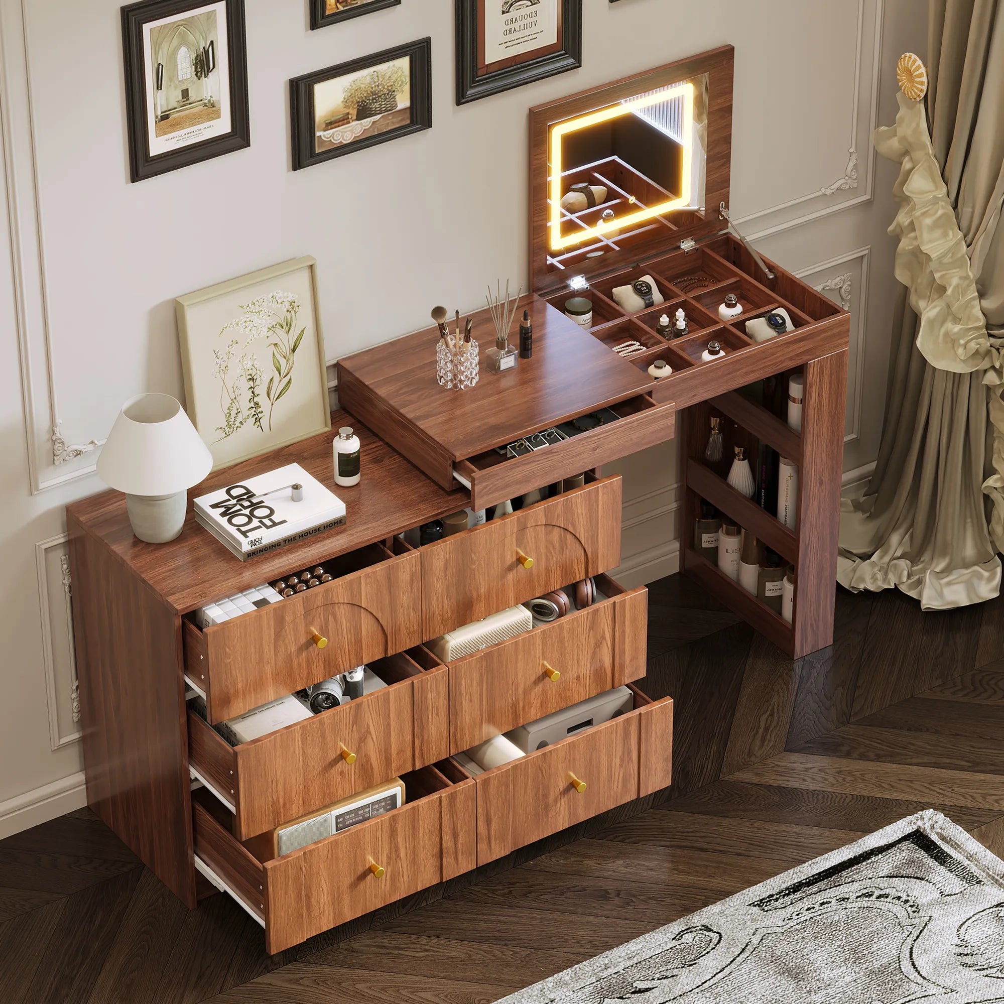 Modern Makeup Vanity, with Mirror, Lights & Large Storage