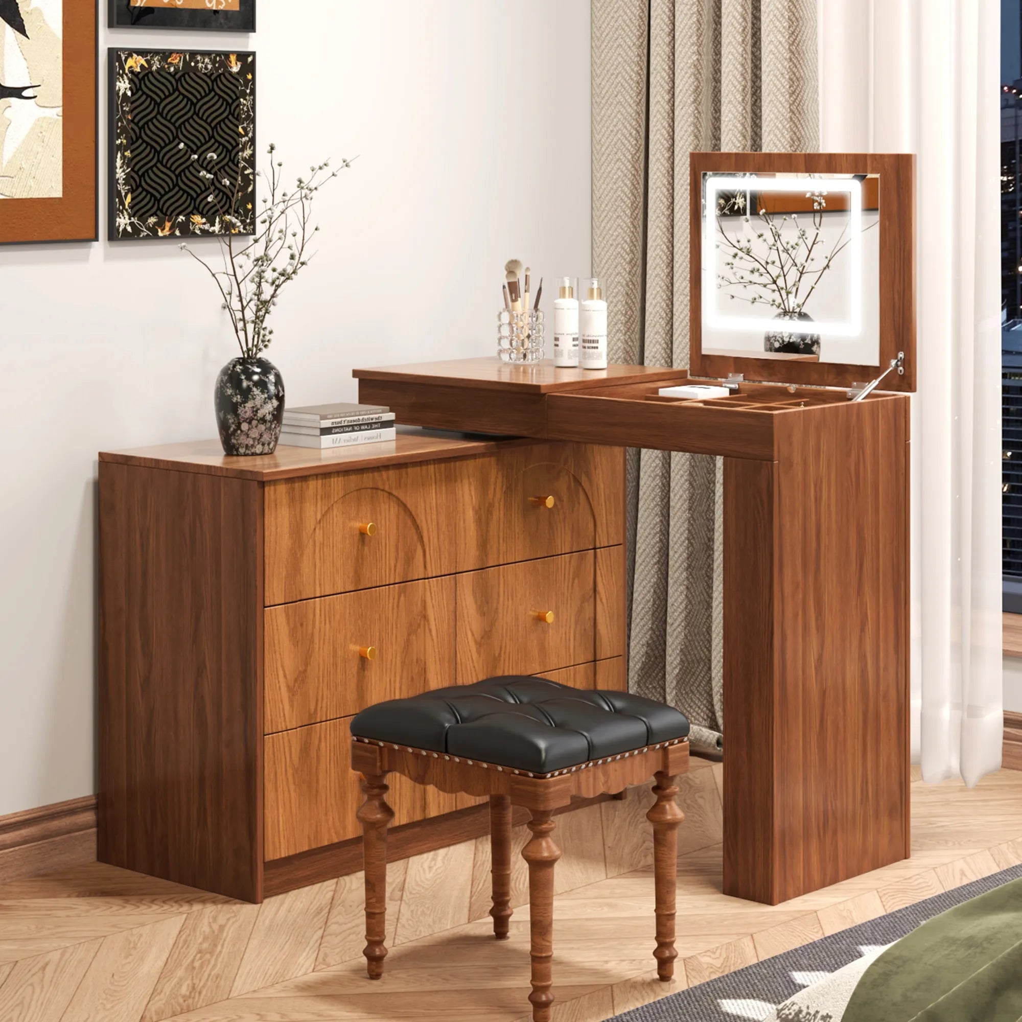 Modern Makeup Vanity, with Mirror, Lights & Large Storage
