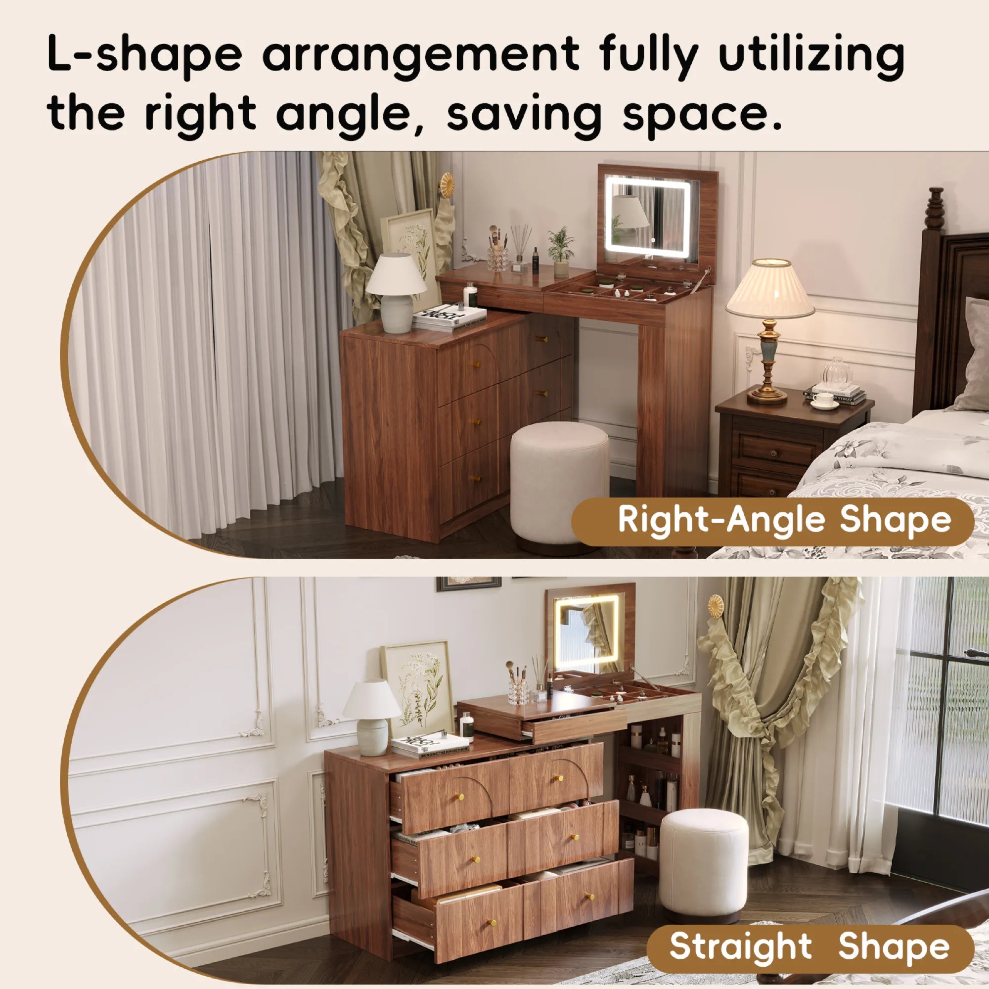 Modern Makeup Vanity, with Mirror, Lights & Large Storage