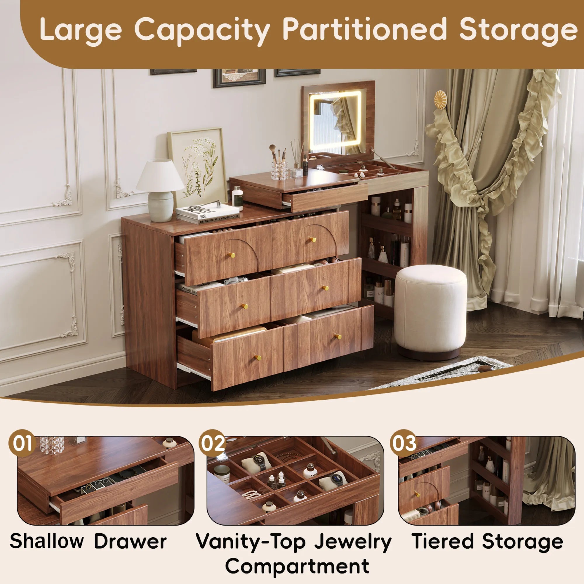 Modern Makeup Vanity, with Mirror, Lights & Large Storage