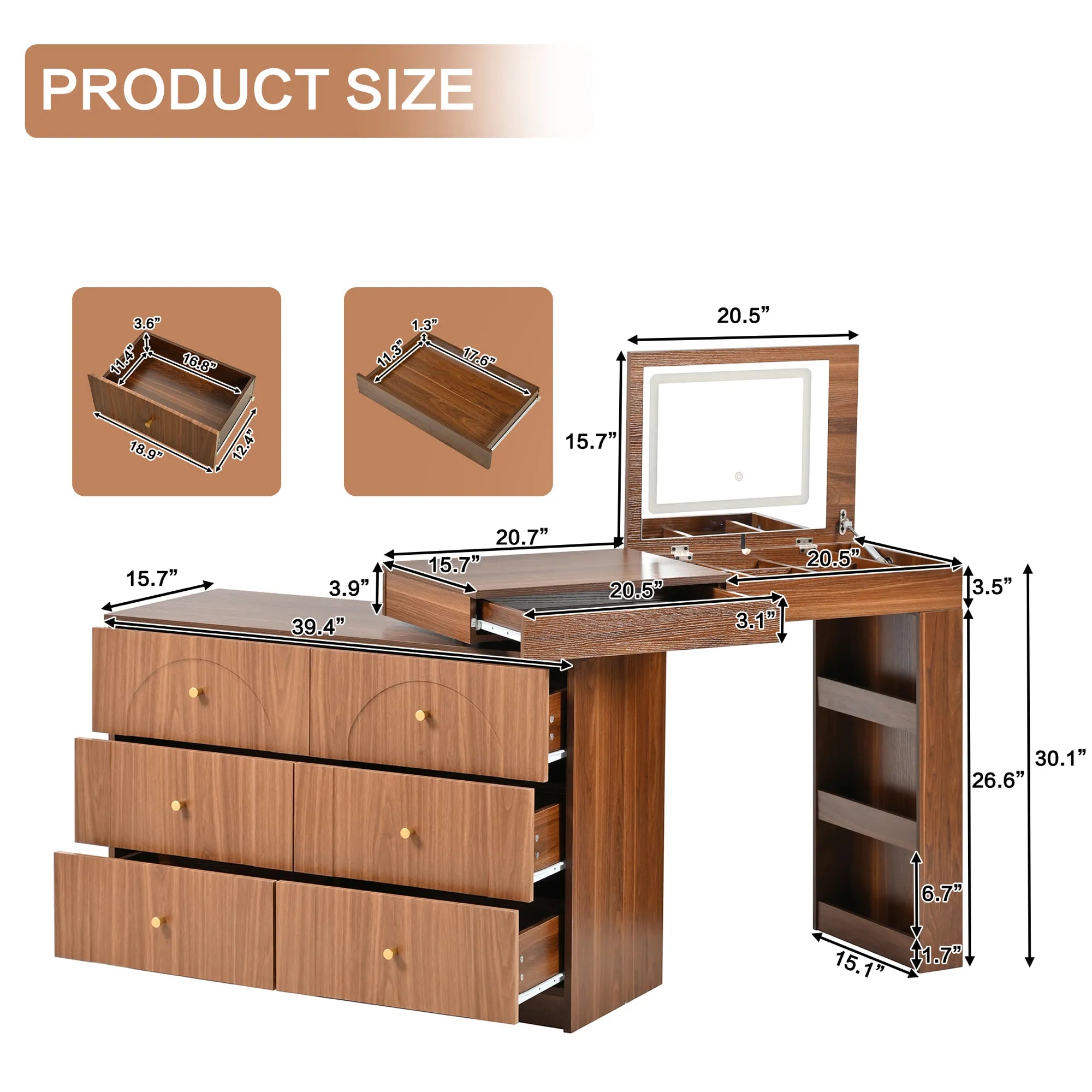 Modern Makeup Vanity, with Mirror, Lights & Large Storage