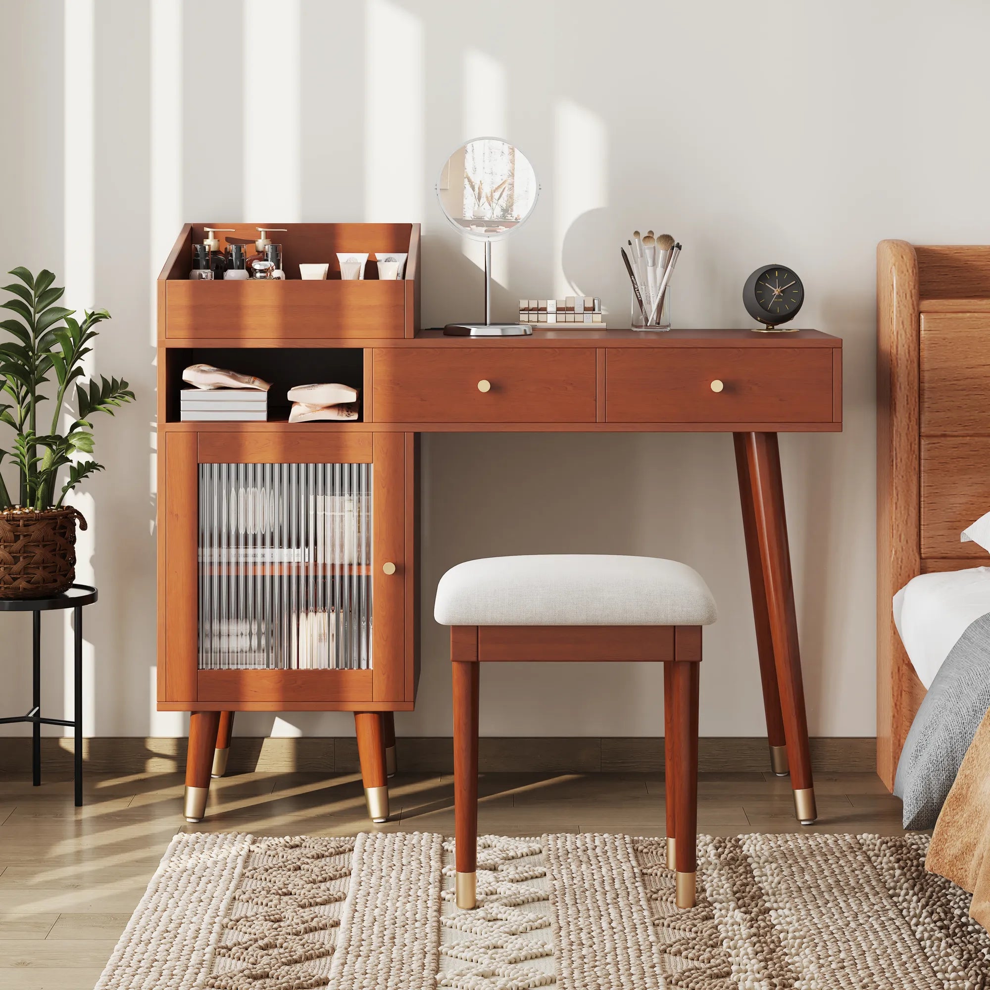 Modern Makeup Vanity with Drawers, Cabinet & Stool