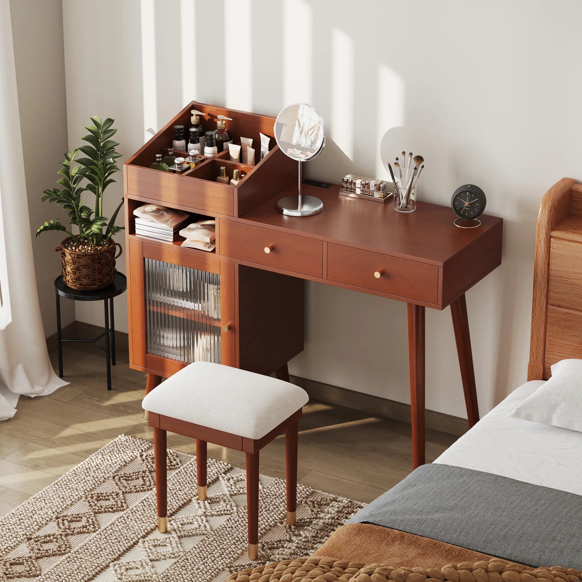 Modern Makeup Vanity with Drawers, Cabinet & Stool