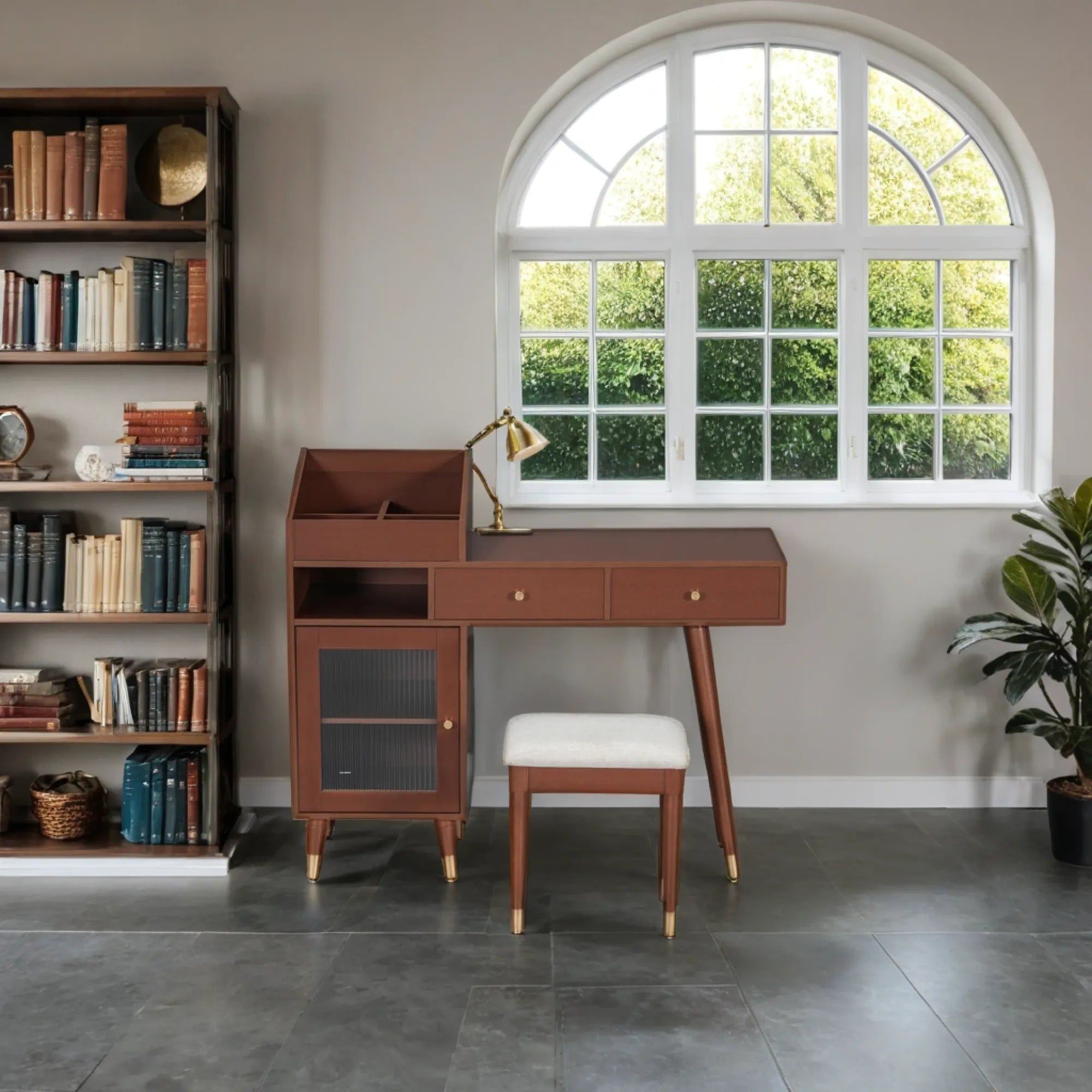 Modern Makeup Vanity with Drawers, Cabinet & Stool