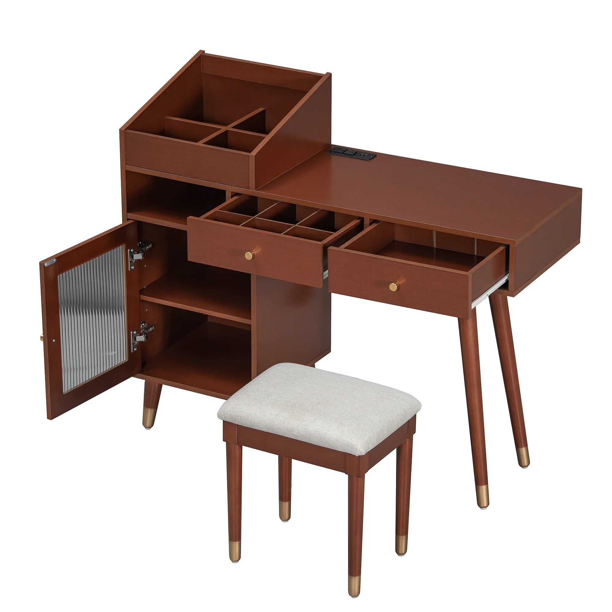 Modern Makeup Vanity with Drawers, Cabinet & Stool