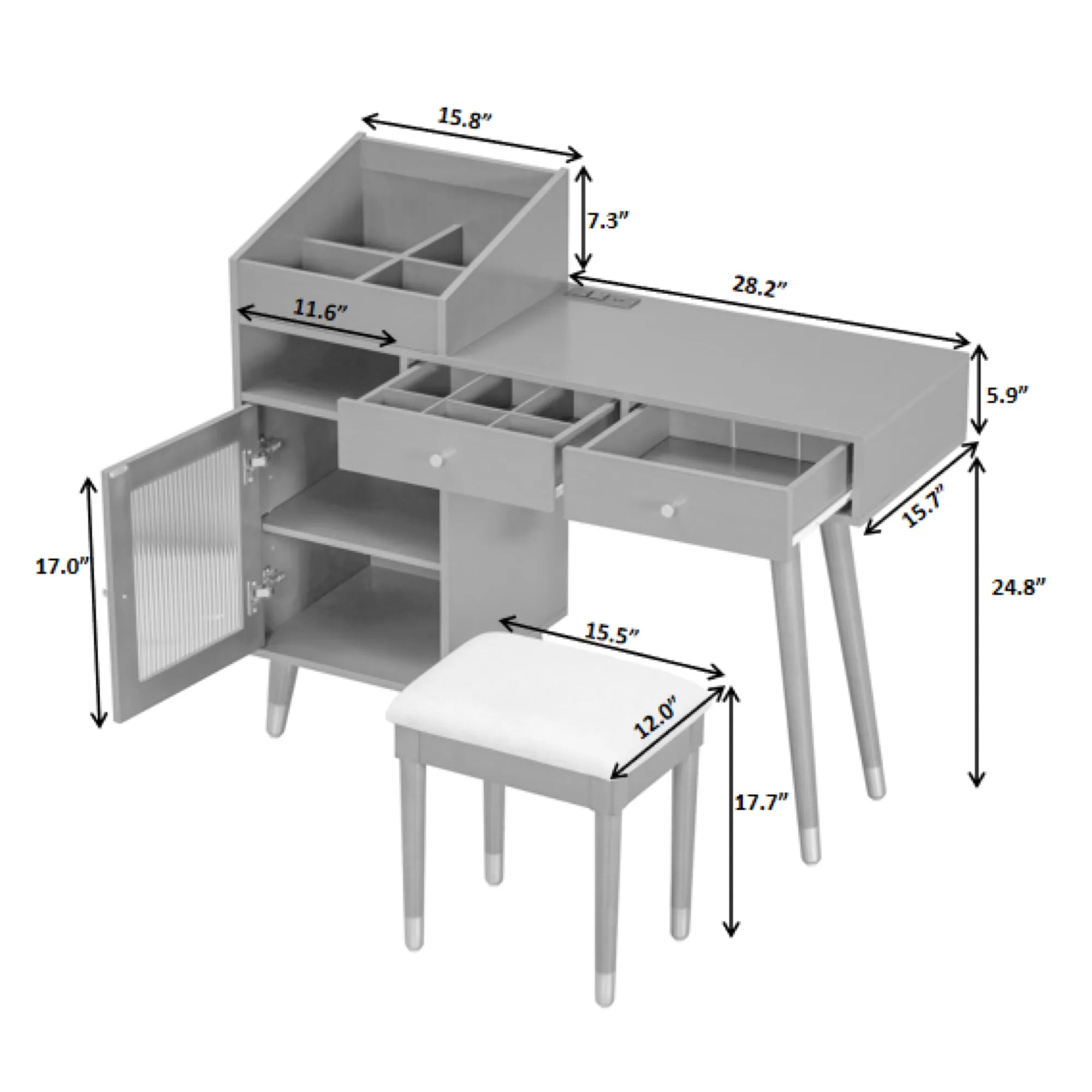 Modern Makeup Vanity with Drawers, Cabinet & Stool