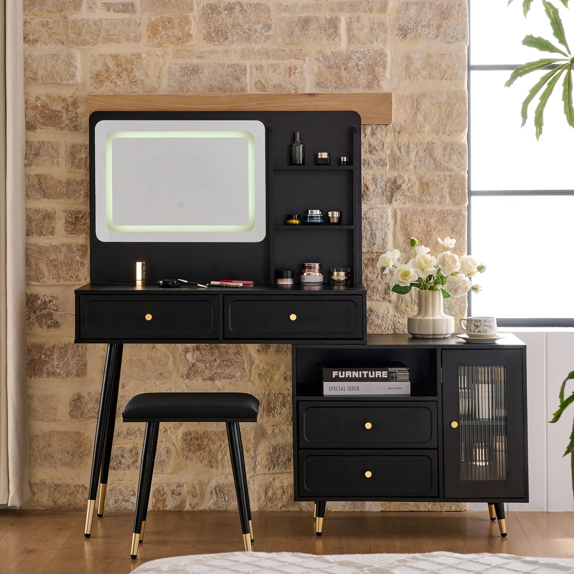 Modern Makeup Vanity with LED Mirror & Storage Cabinet